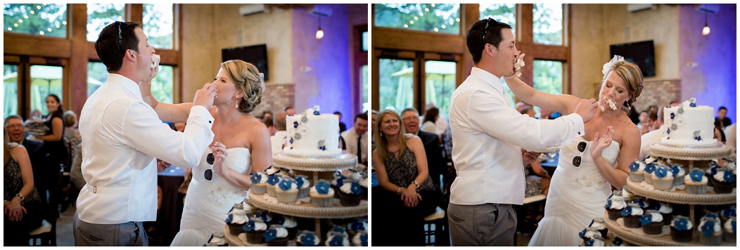 picture of bride and groom smashing cake in each faces