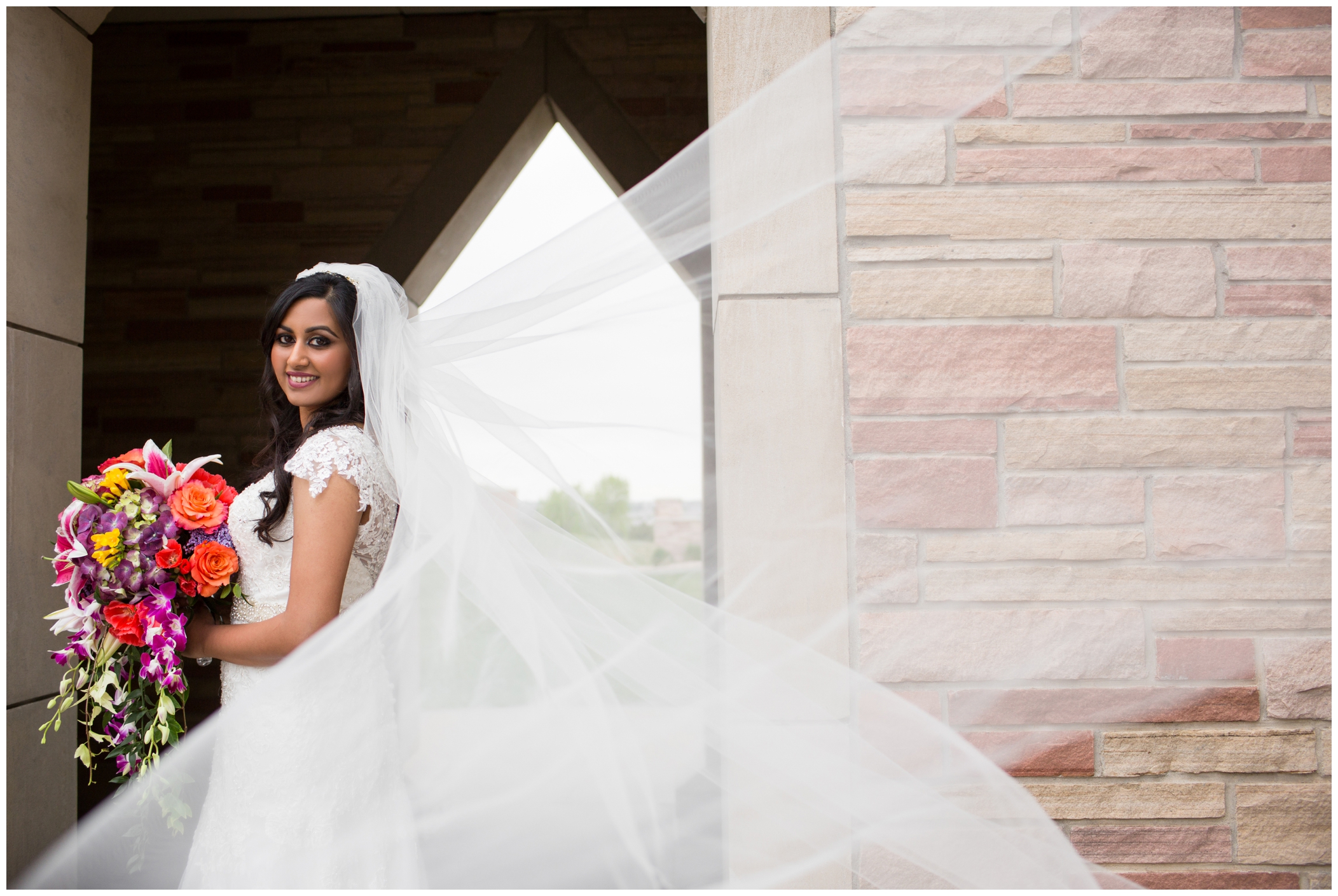 colorado bride with dramatic cathedral veil