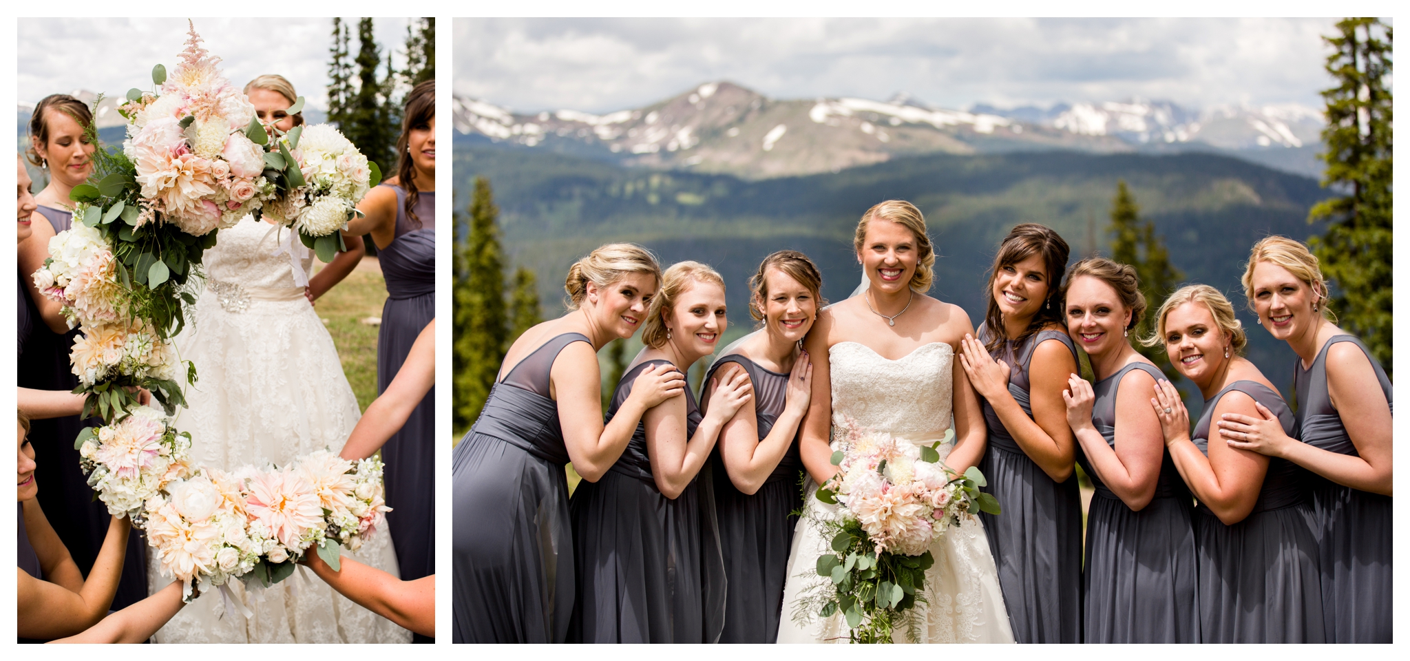 Colorado bridesmaids wearing long gray dresses