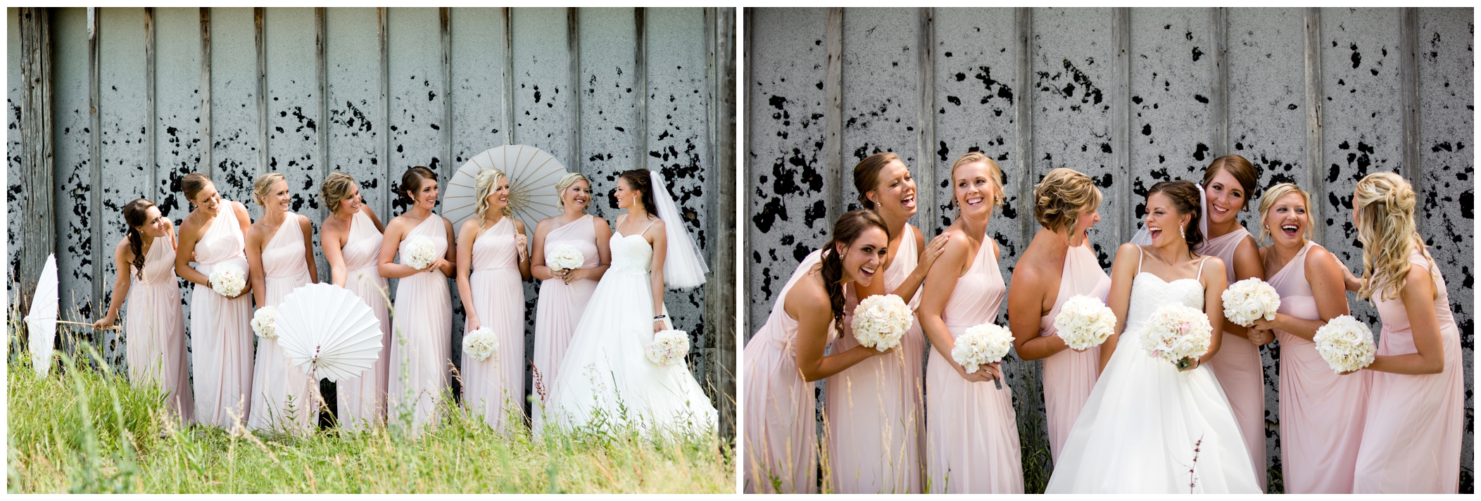 bridesmaids in long pink dresses at Limon, CO wedding