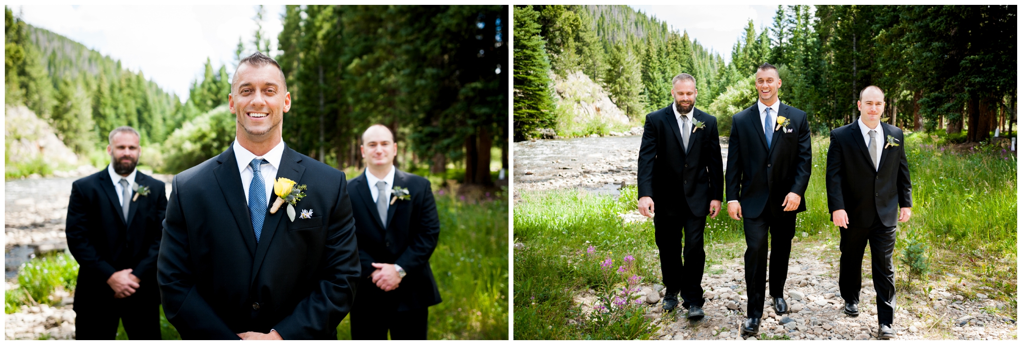 groomsmen in black suits at Colorado mountain wedding