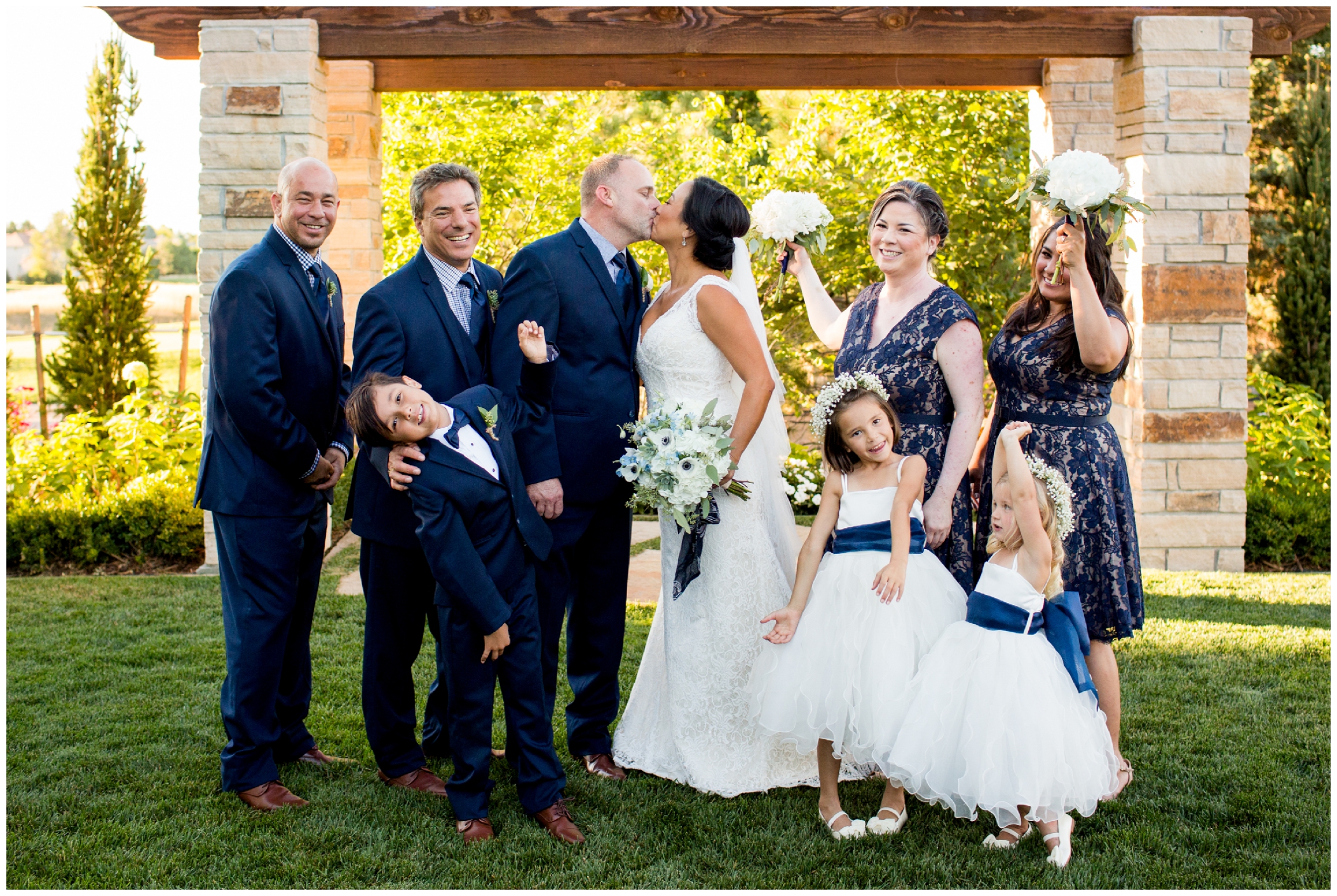 wedding party in navy blue and white