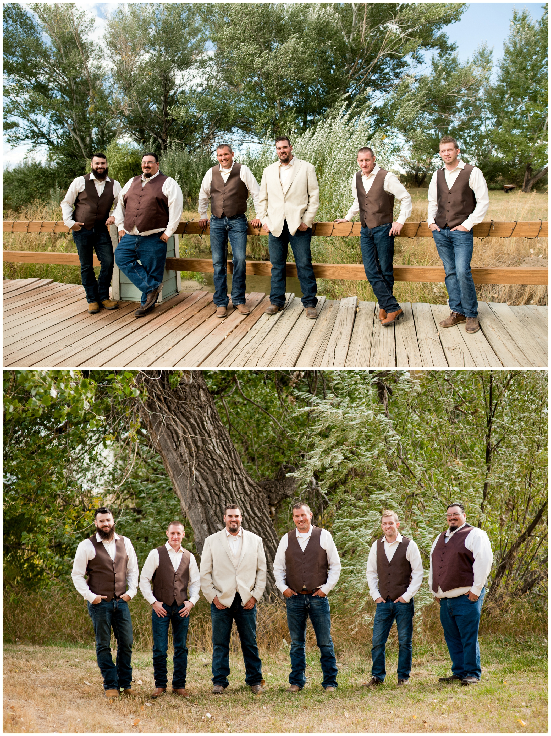 groomsmen in jeans and vests