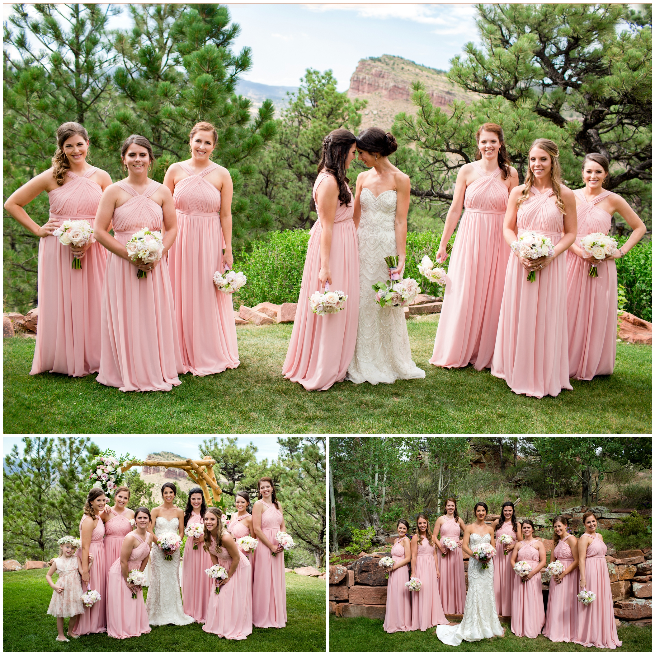 pink bridal party at Colorado summer wedding 