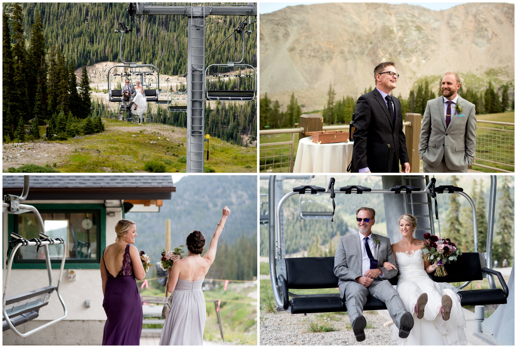 bride riding chairlift to walk down aisle