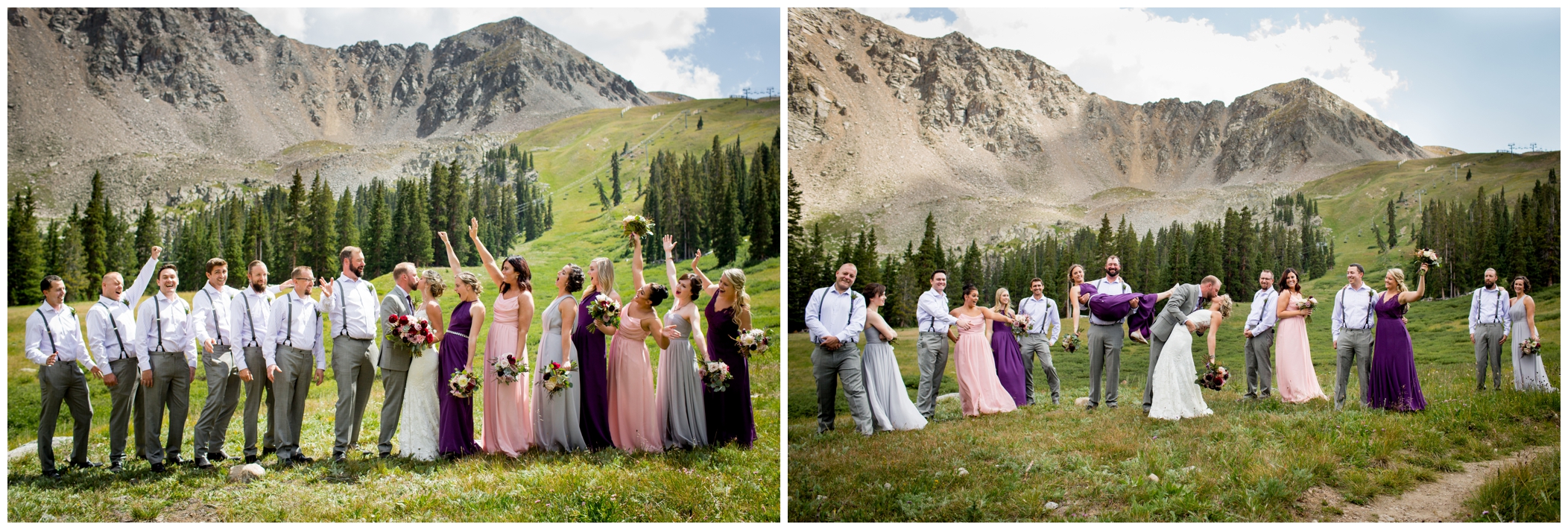 bridal party in purple and pink and gray at A Basin Colorado wedding 