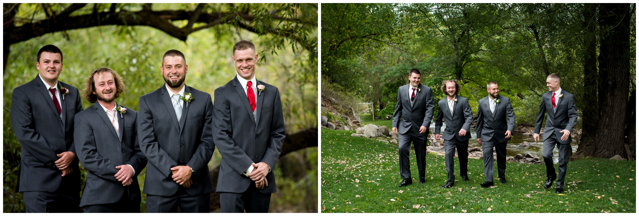 Boulder Creek wedgewood wedding photography of groomsmen in gray 