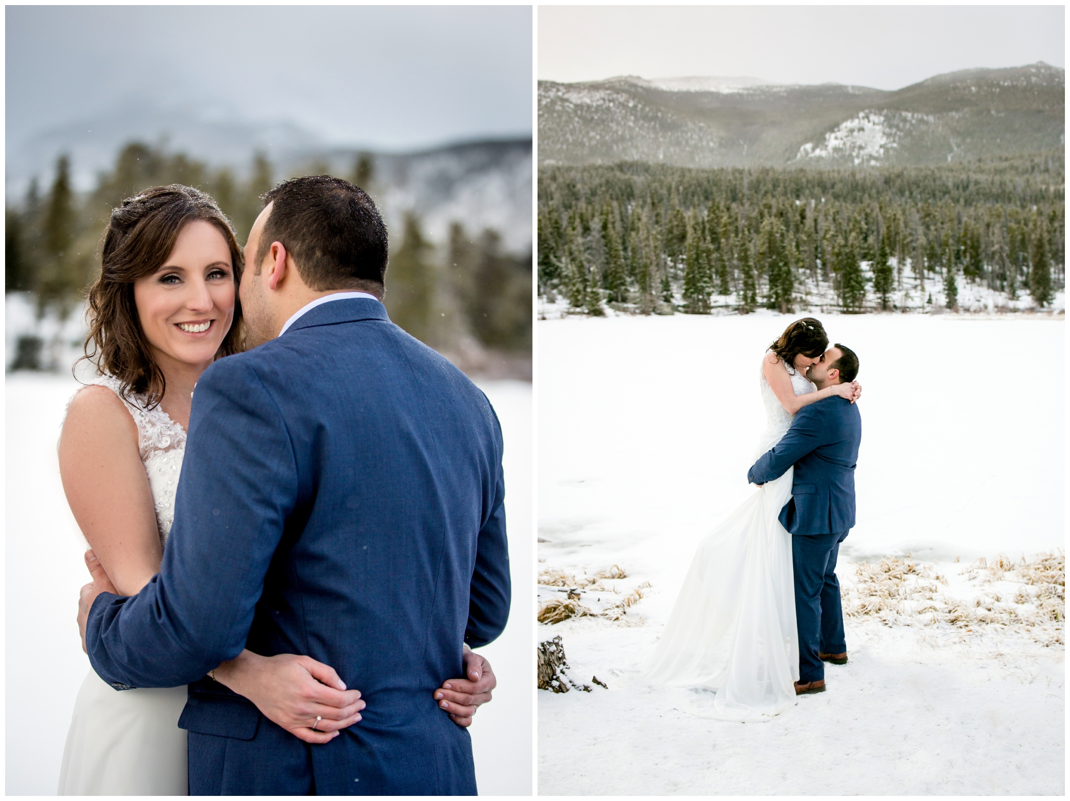 snowy winter Estes Park wedding pictures in Rocky Mountain National Park by Colorado photographer Plum Pretty Photography