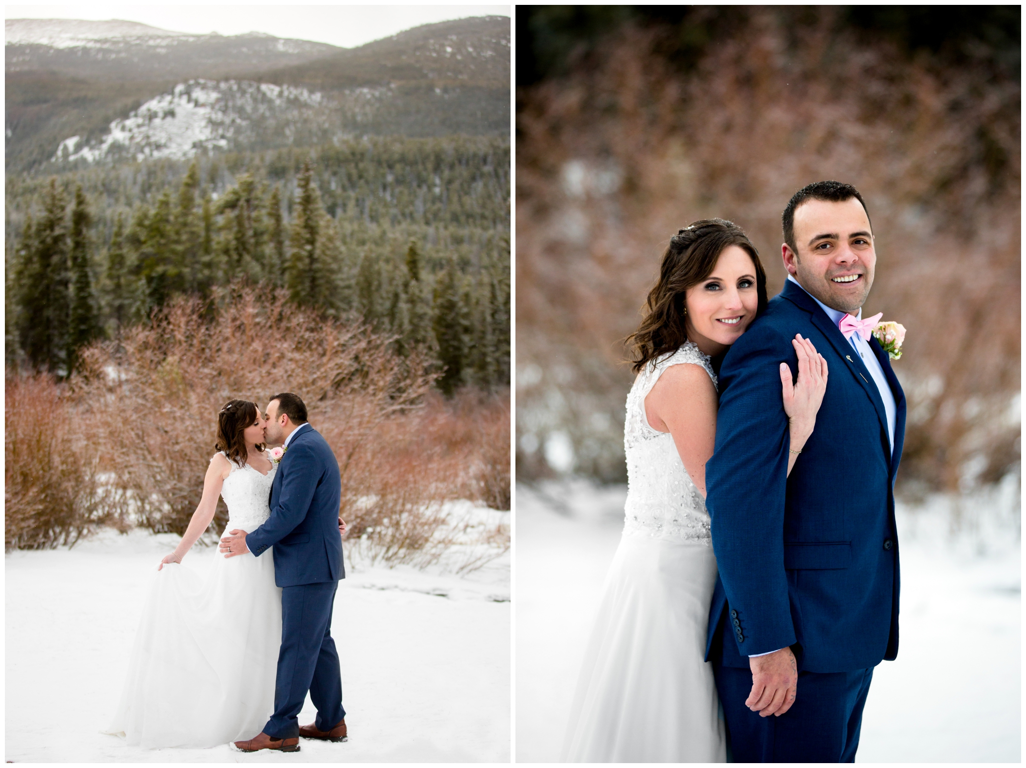 snowy winter bride and groom wedding photos at Sprague Lake in Estes Park Colorado 