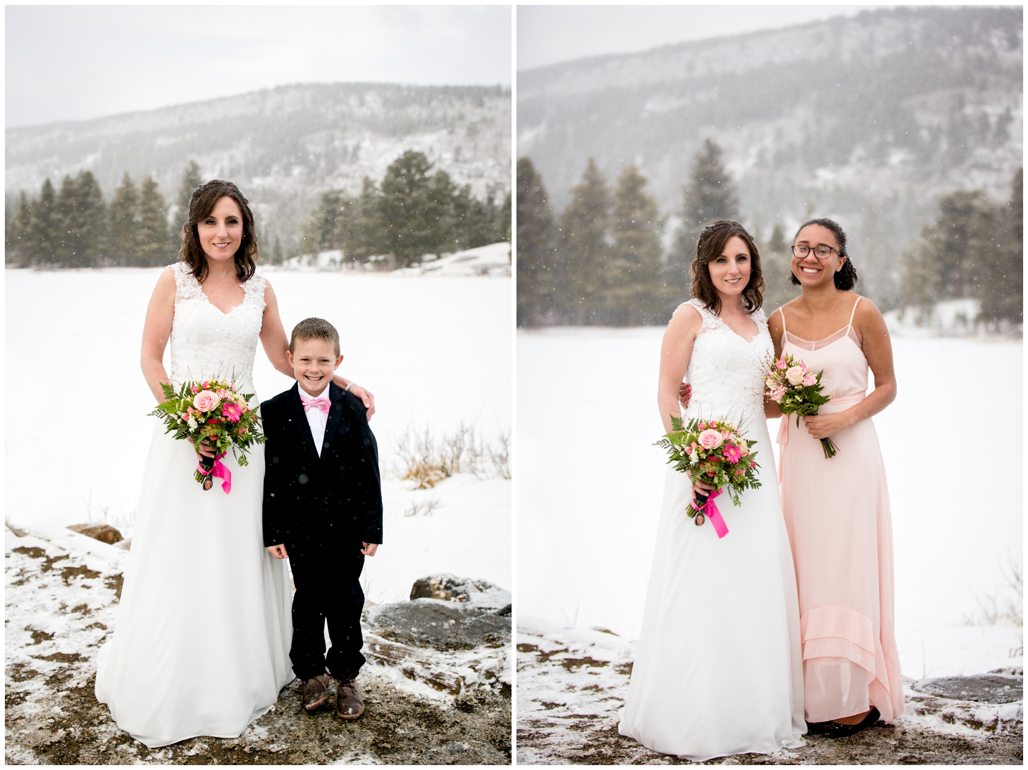 pink bridesmaids dresses at Colorado winter wedding