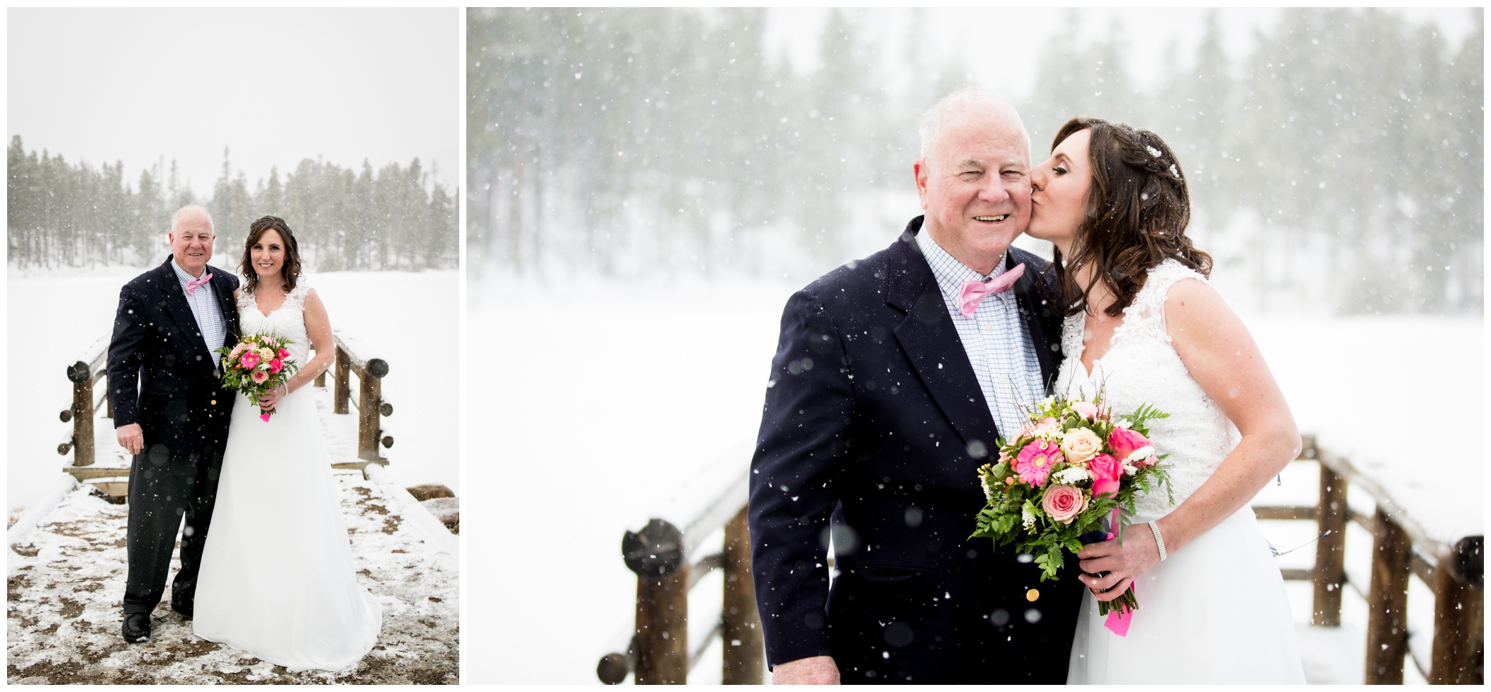 bride kissing her dad at Estes Park winter wedding 