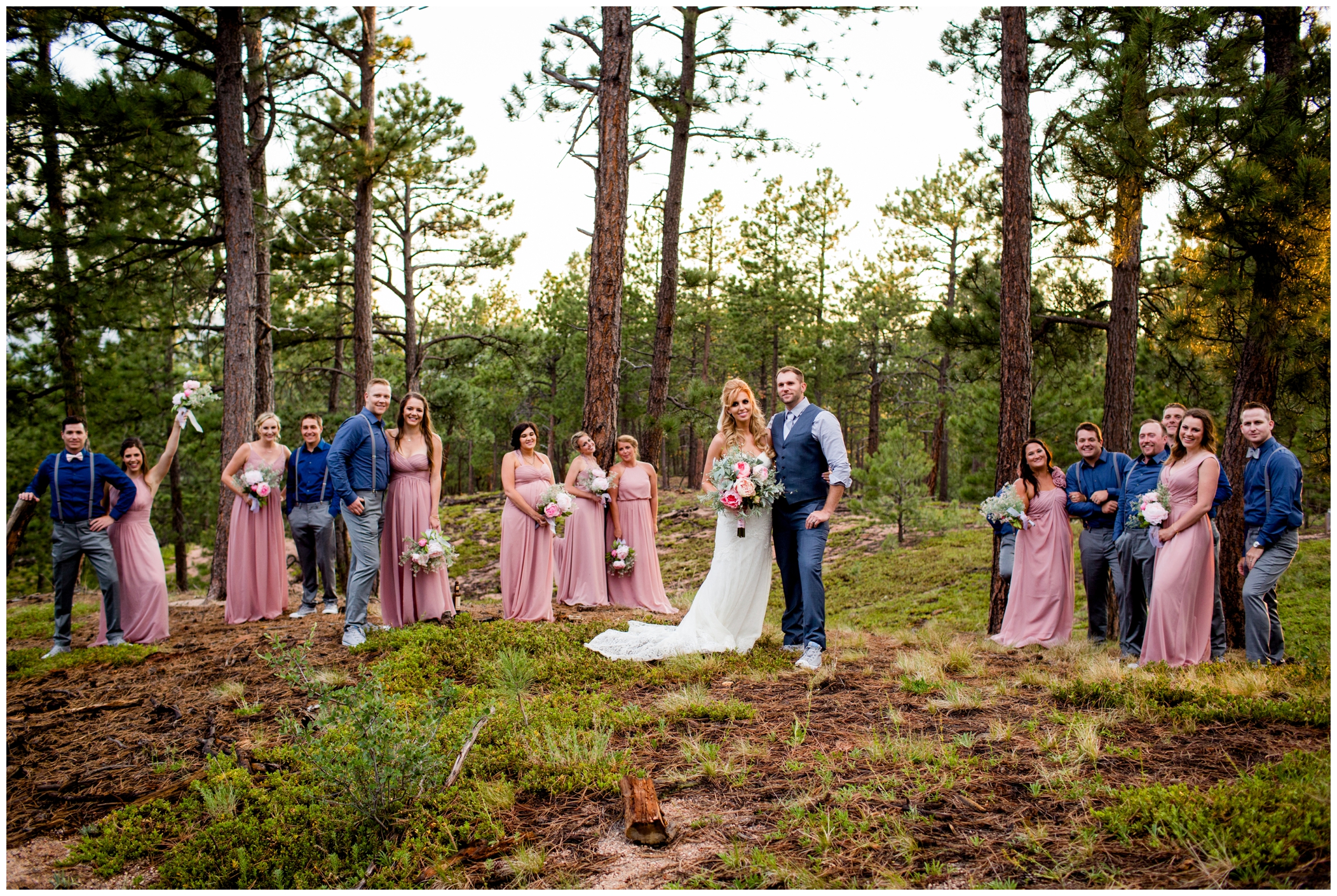 Colorado bridal party in pink and blue attire 