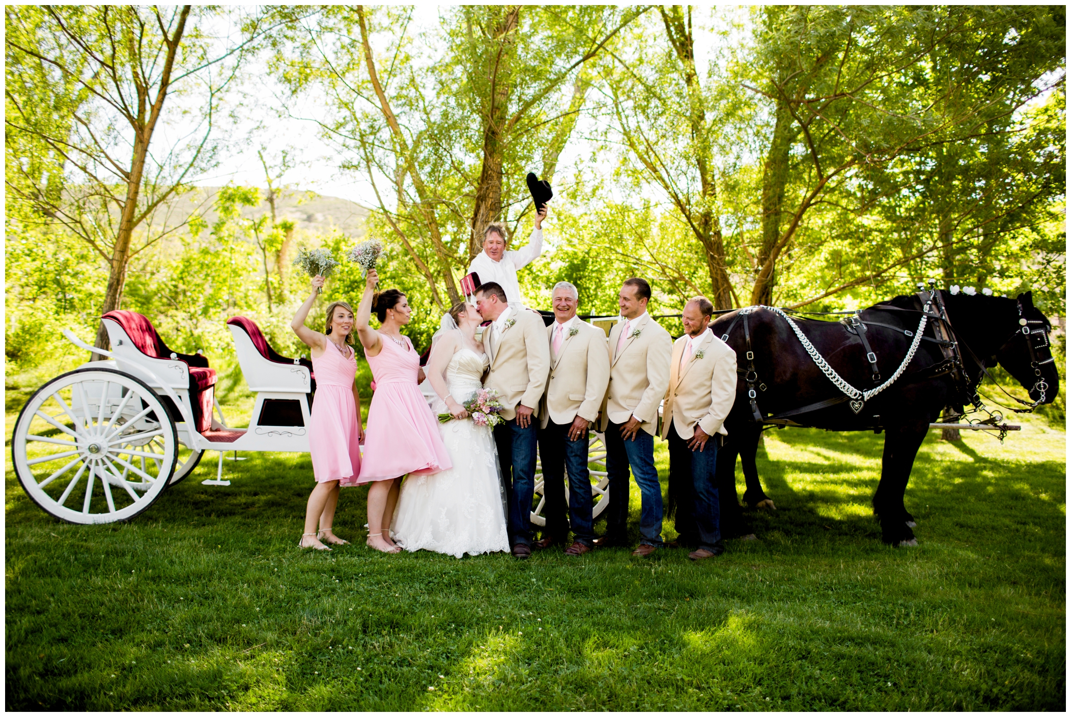 bridal party with horse drawn carriage 
