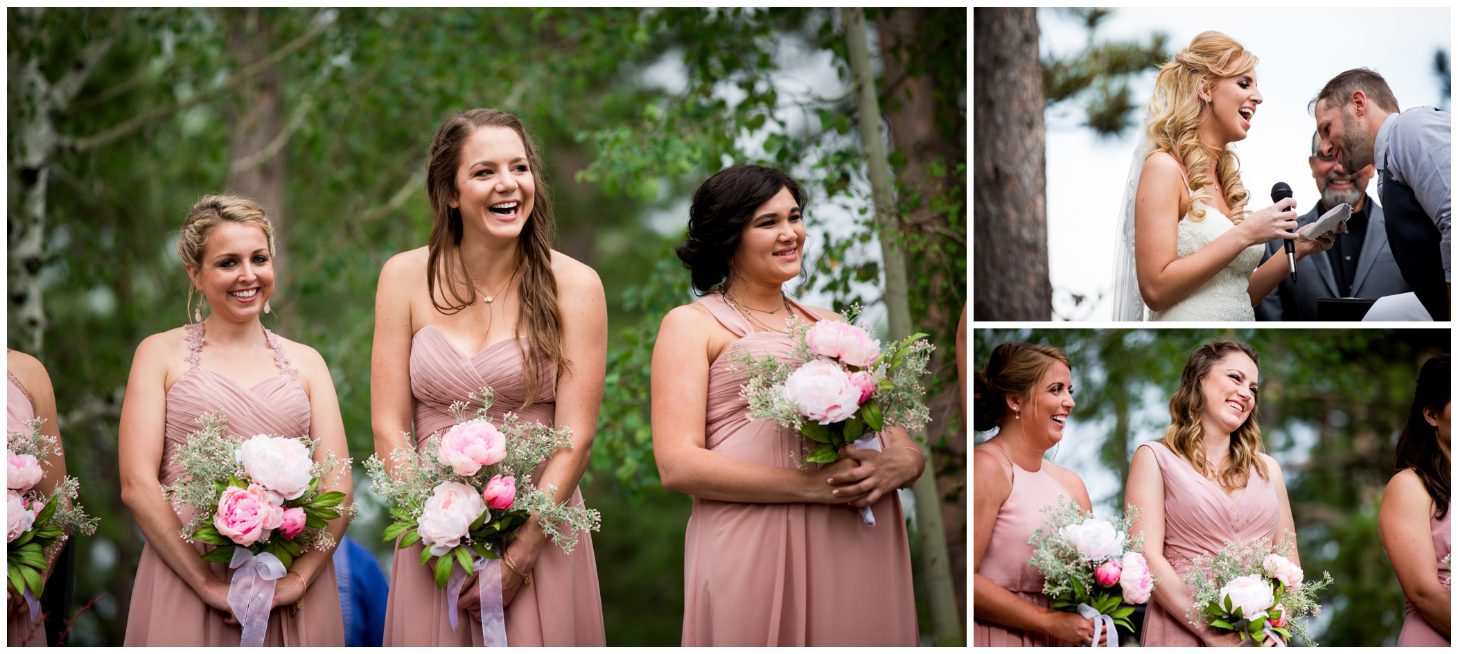 bridesmaids laughing during Colorado outdoor wedding ceremony 
