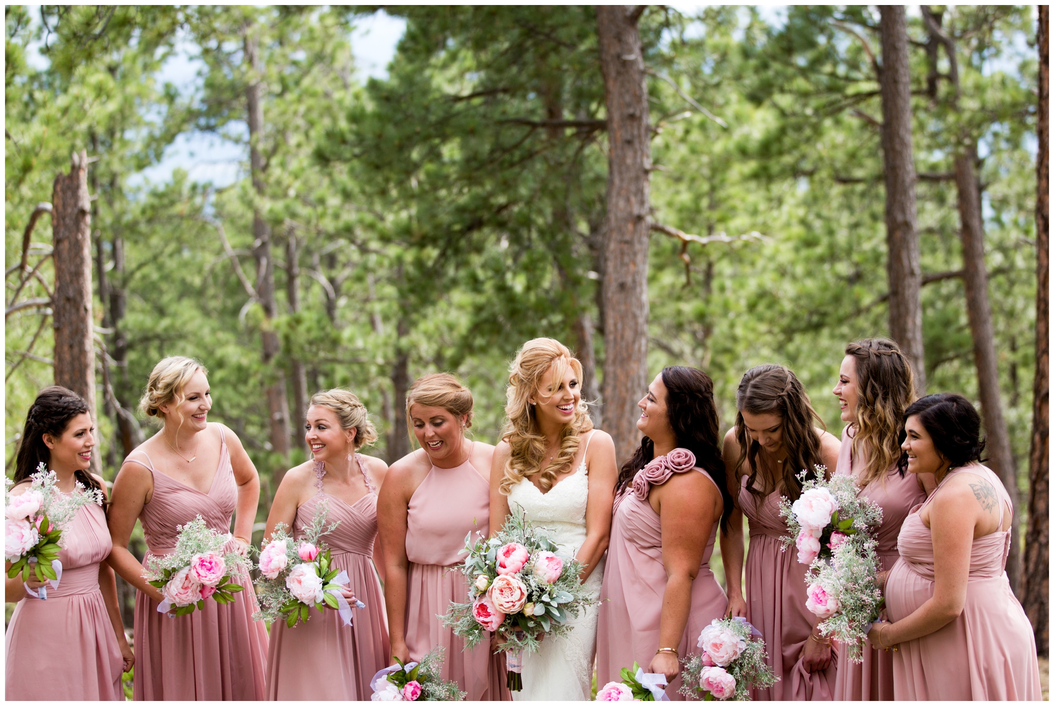 pink bridesmaids dresses at backyard wedding Colorado 