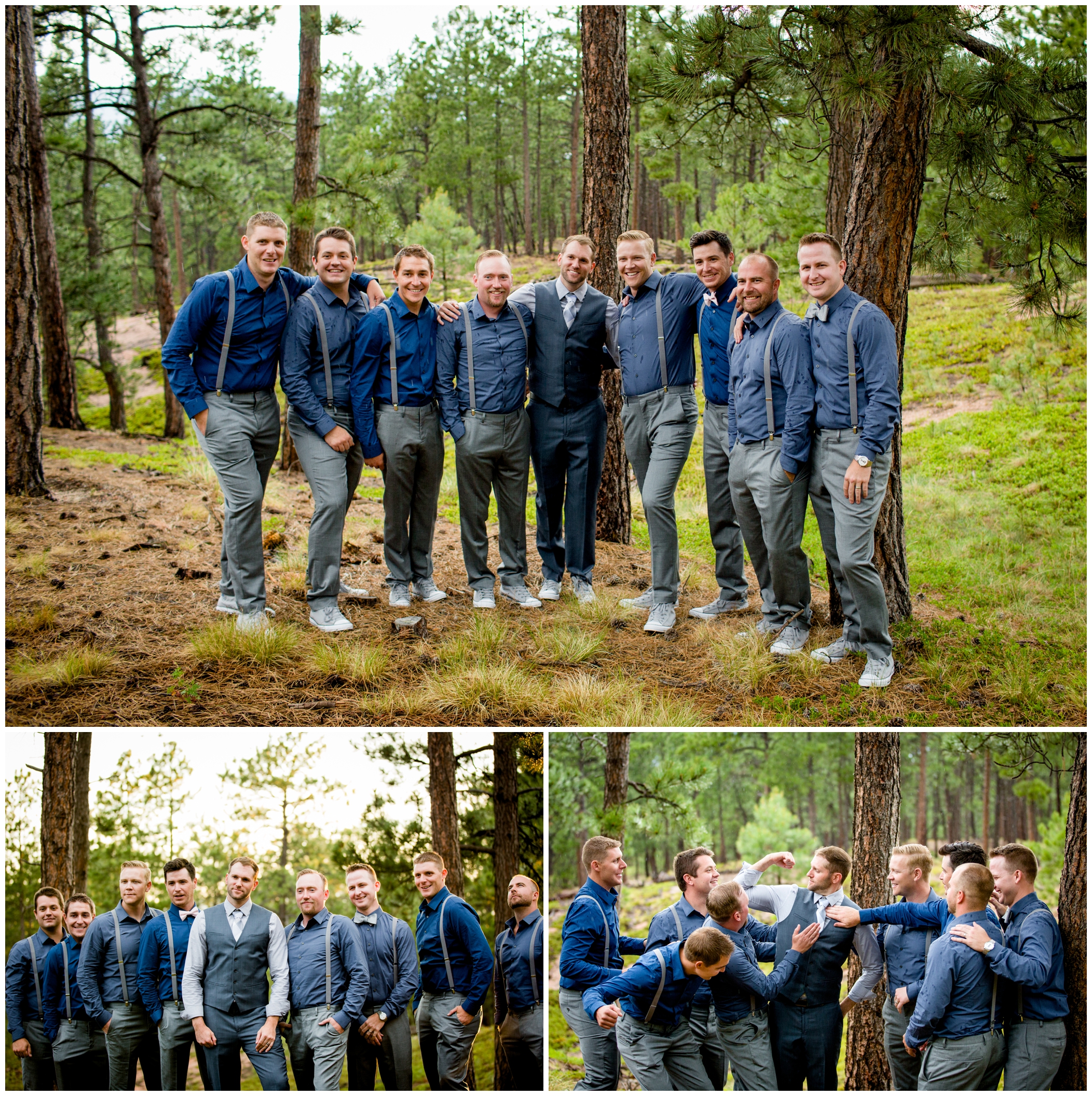 groomsmen in blue shirts and suspenders