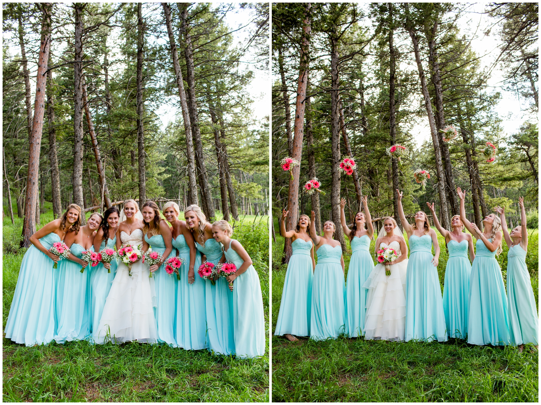 long aqua bridesmaids dresses at Colorado outdoor wedding 
