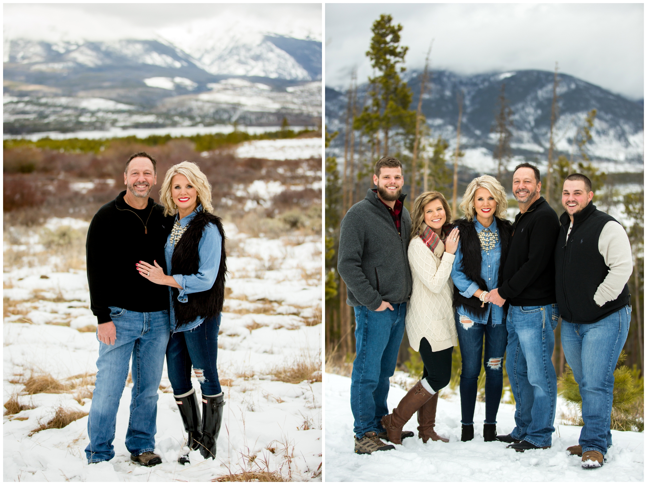 Breckenridge family photographs in winter with the snow covered mountains in the background