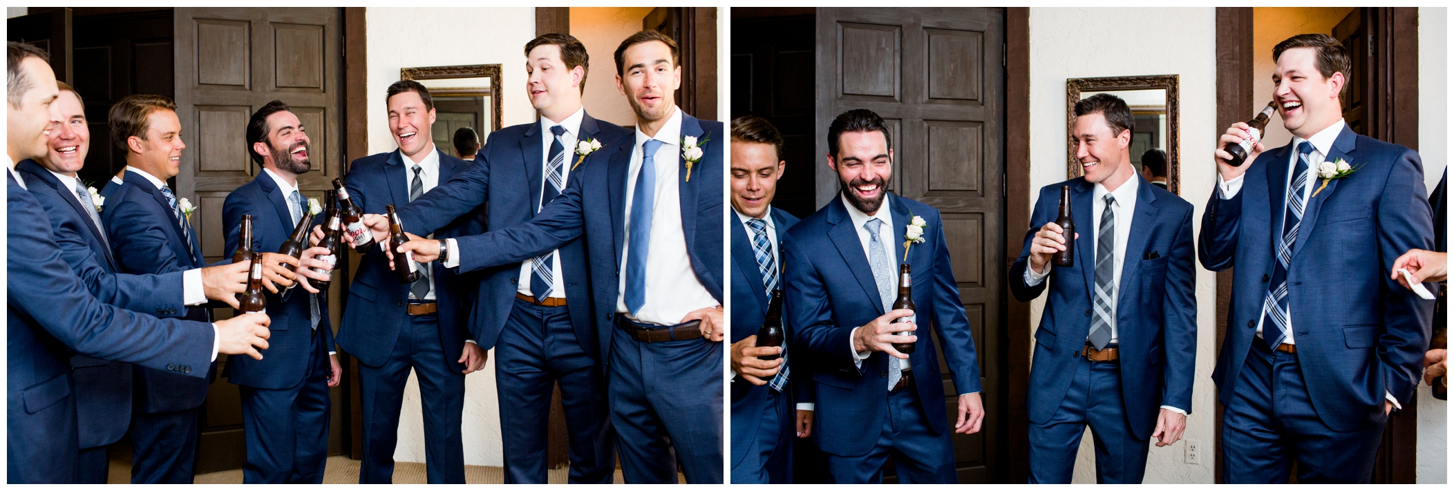 groomsmen in blue suits toasting beers