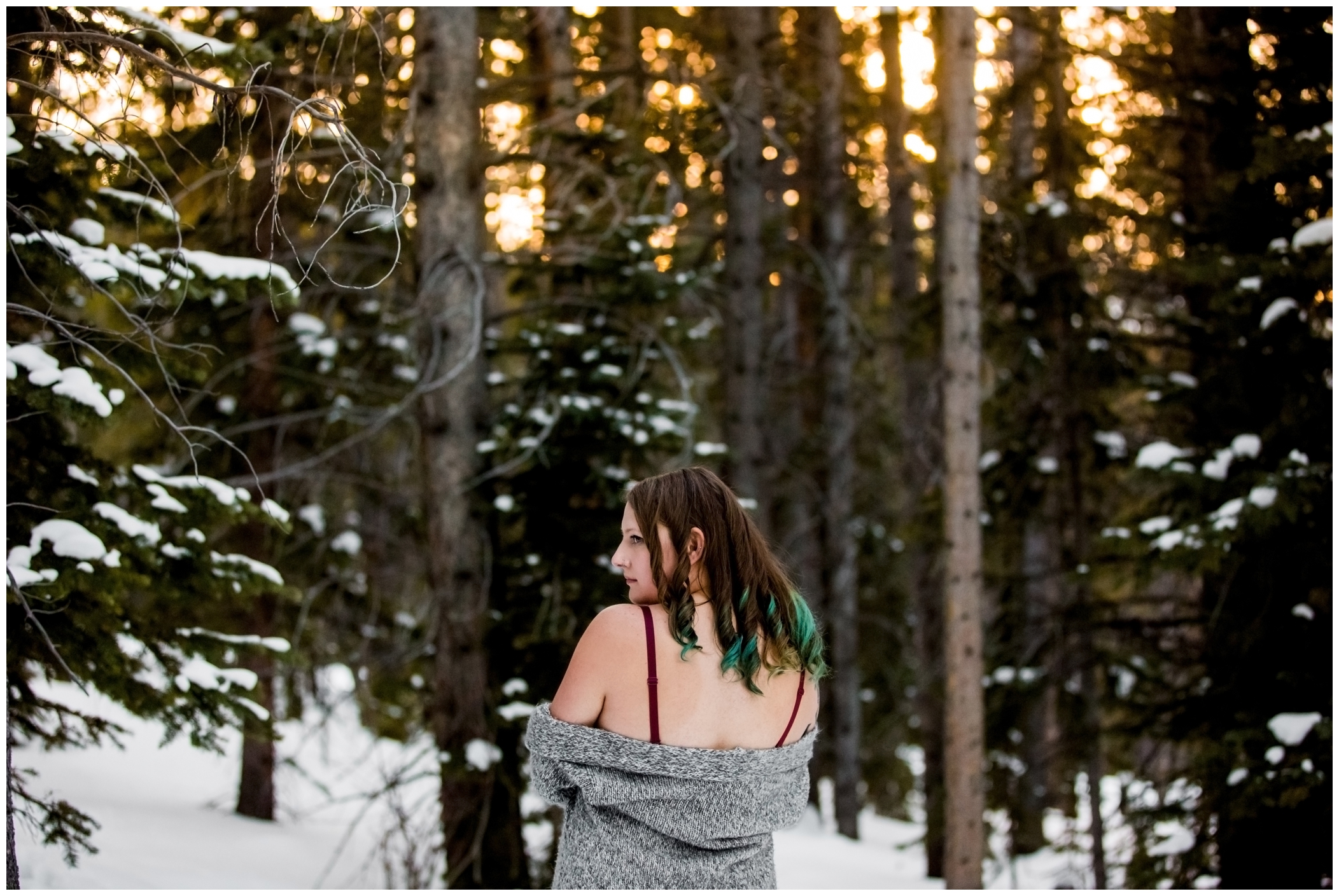 winter boudoir photos in the forest of Breckenridge Colorado 