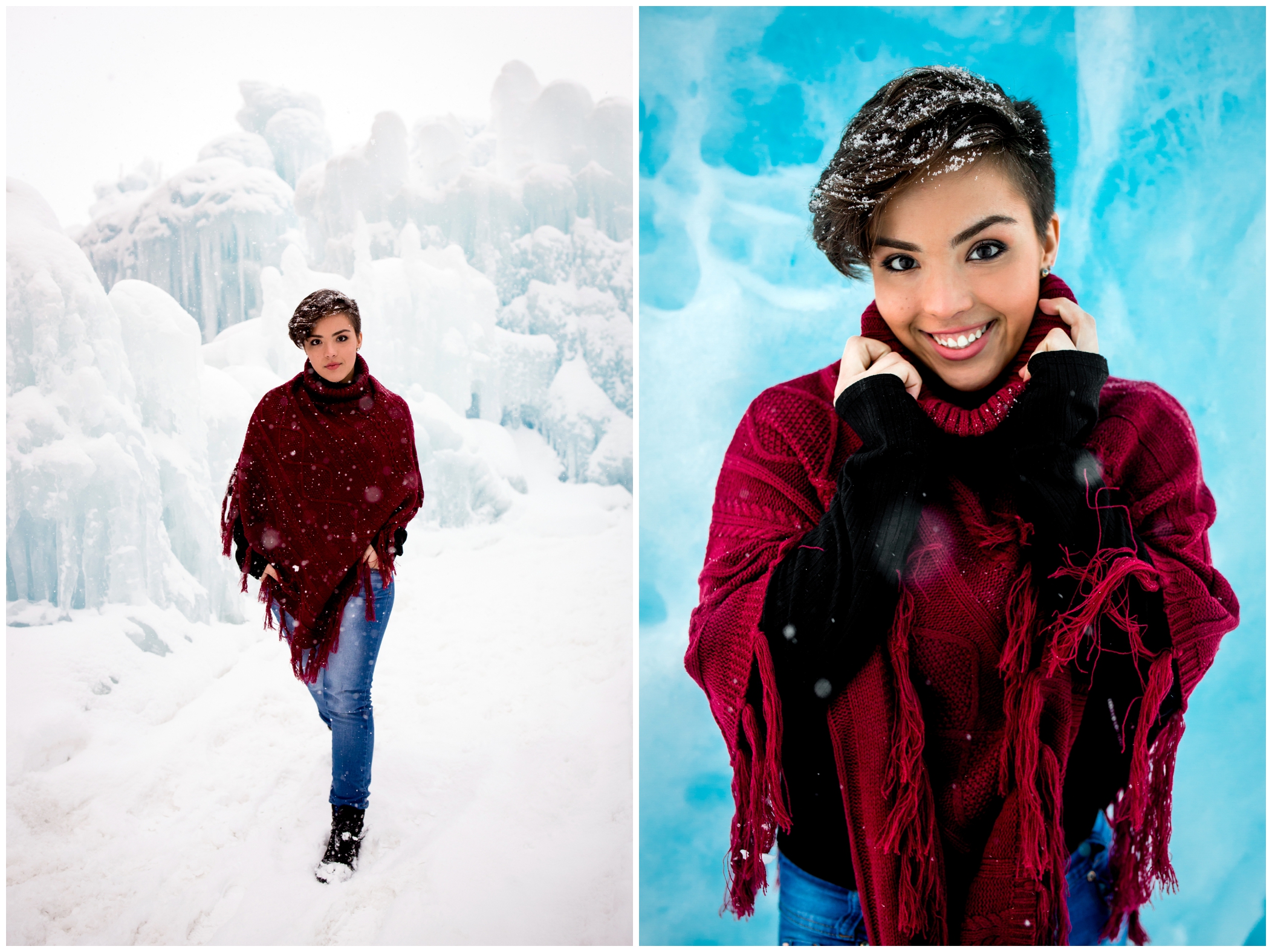 snowy winter senior photos inspiration at the Dillon Colorado ice castles 