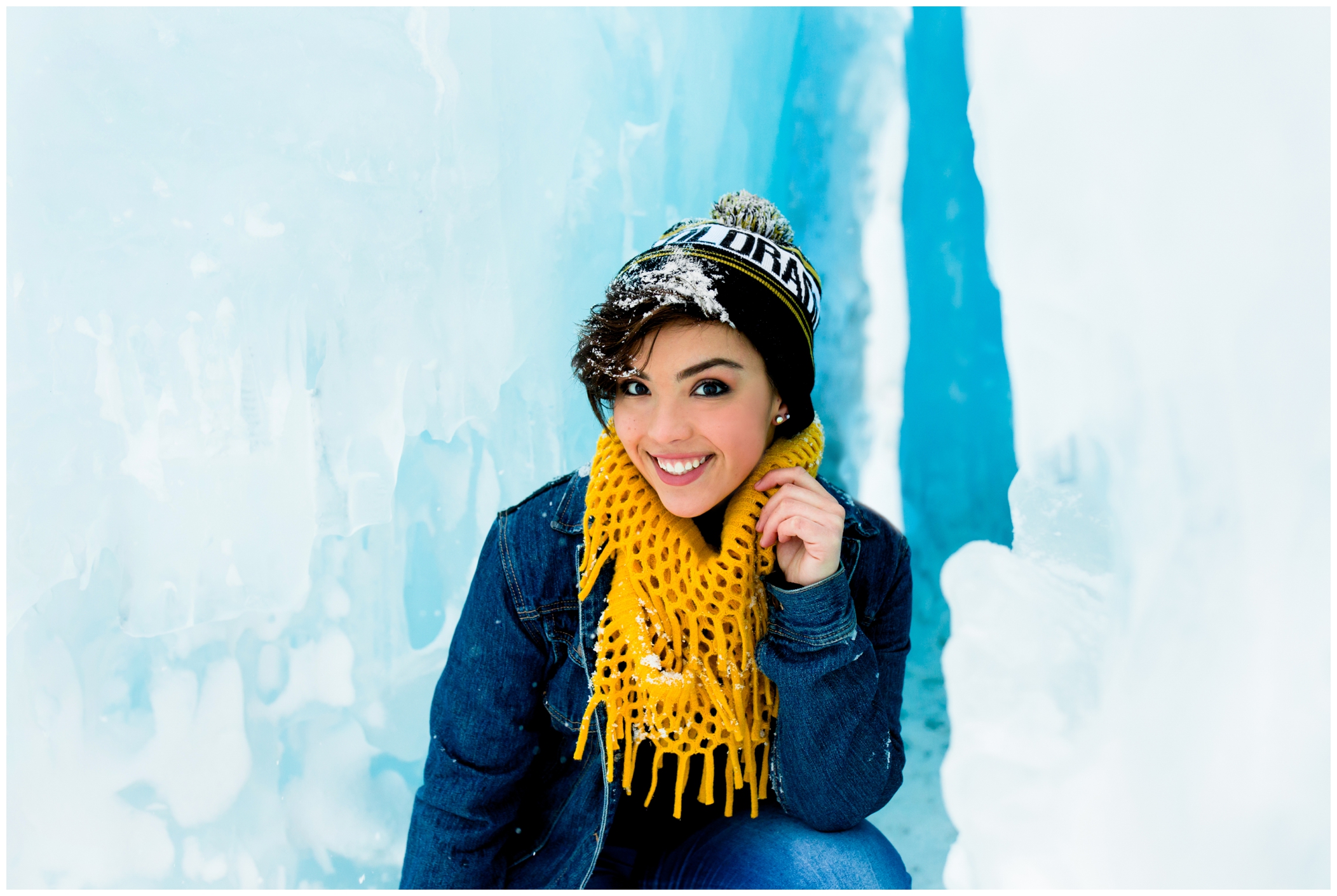 Colorado winter senior pictures in the snow at the Dillon ice castles 