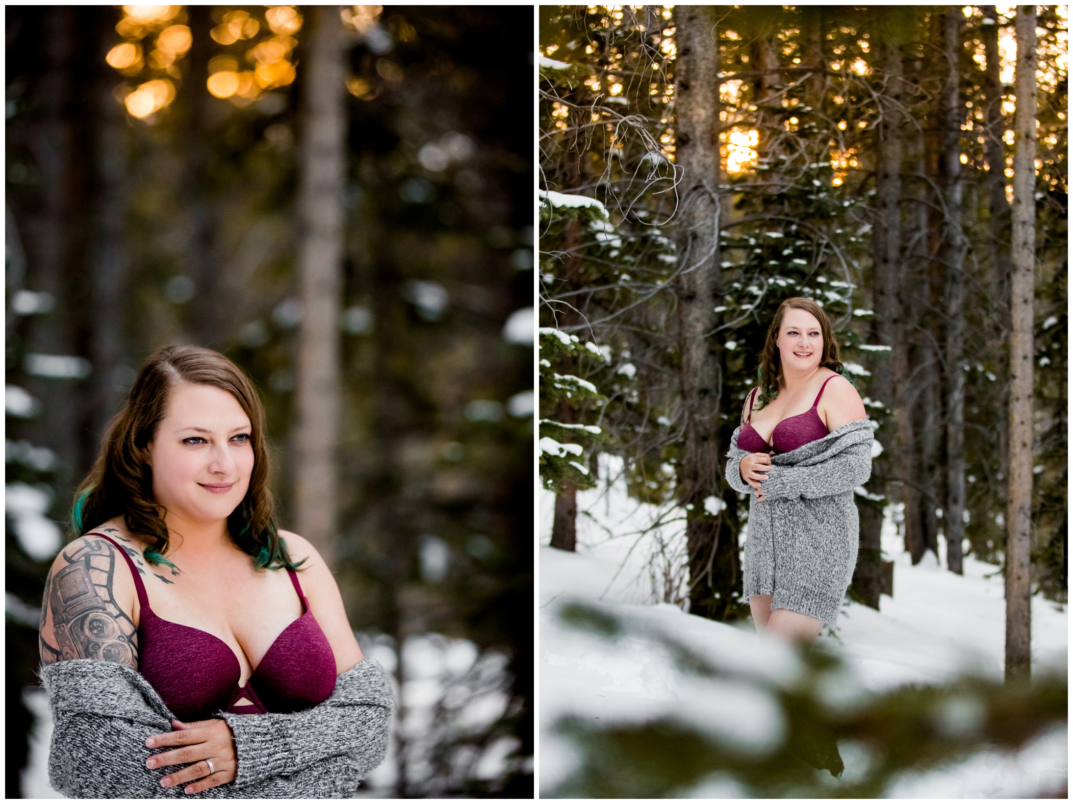 outdoor winter boudoir photographs in the snowy forest of Breckenridge 