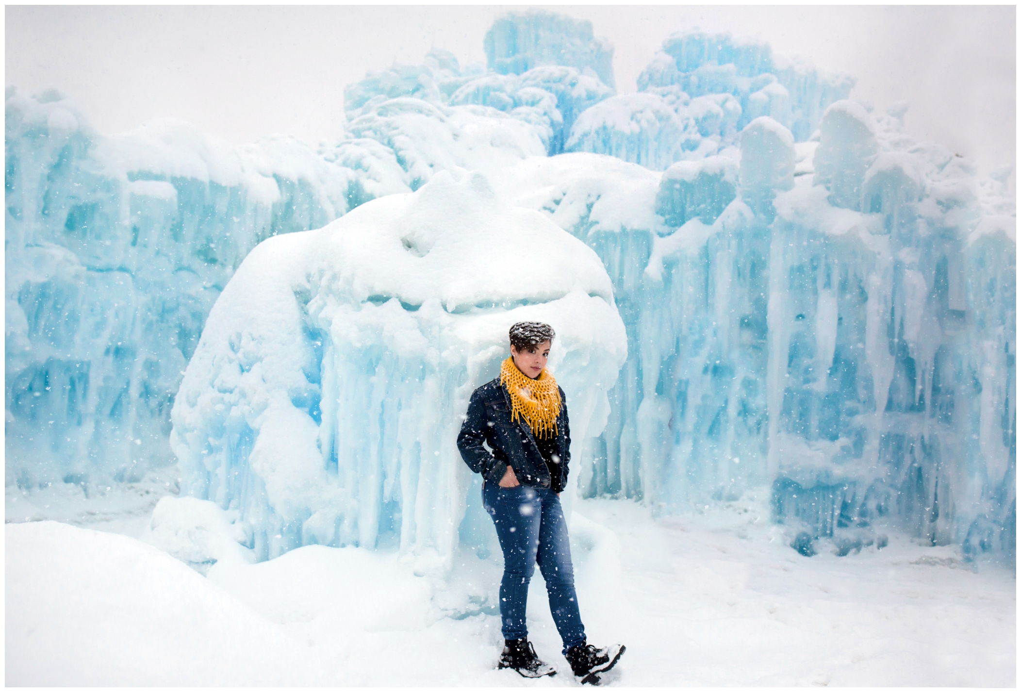 Skyline High School senior photos during winter at Dillon ice castles Colorado 