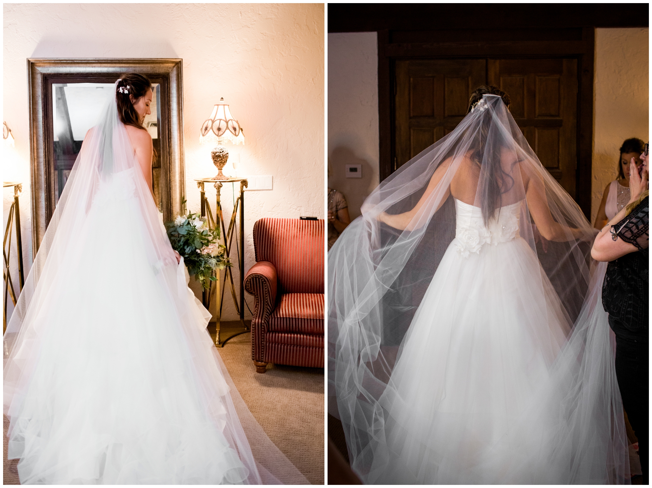 bride with cathedral veil in Villa Parker bridal suite 