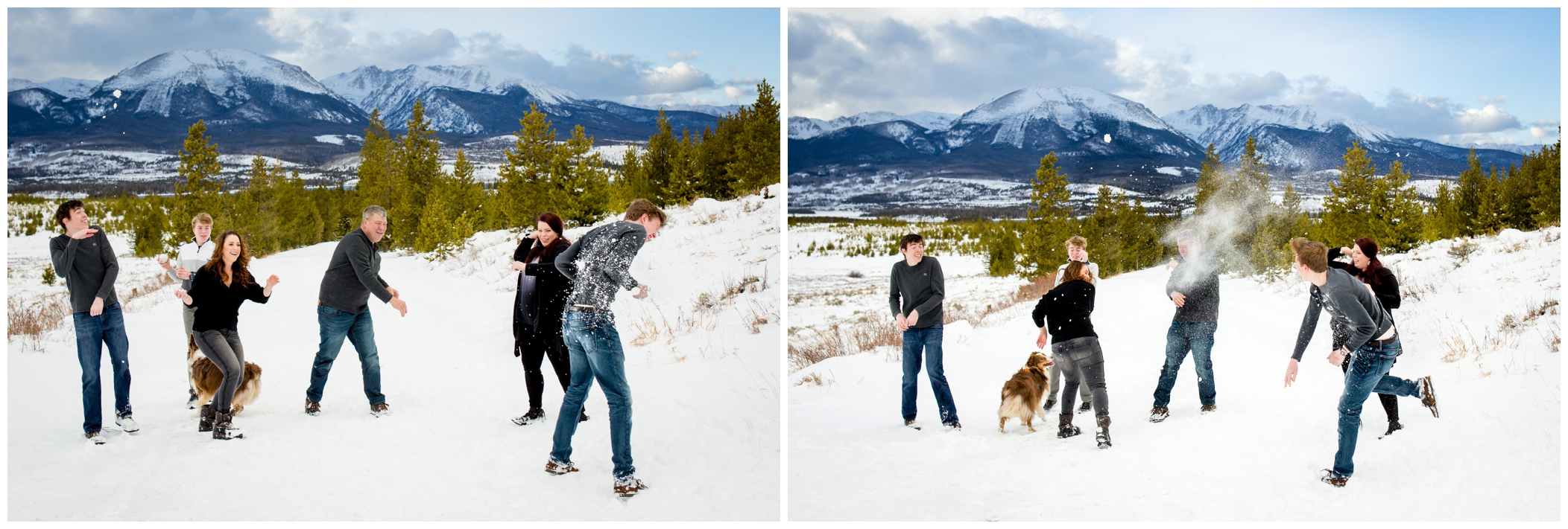 adult snowball fight at Breckenridge winter family photography session 