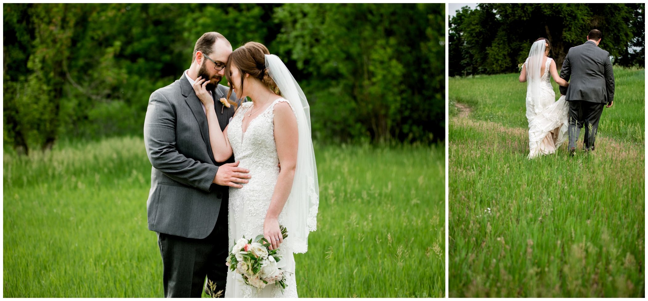bride and groom walking in a field at Chatfield Botanic Gardens wedding 