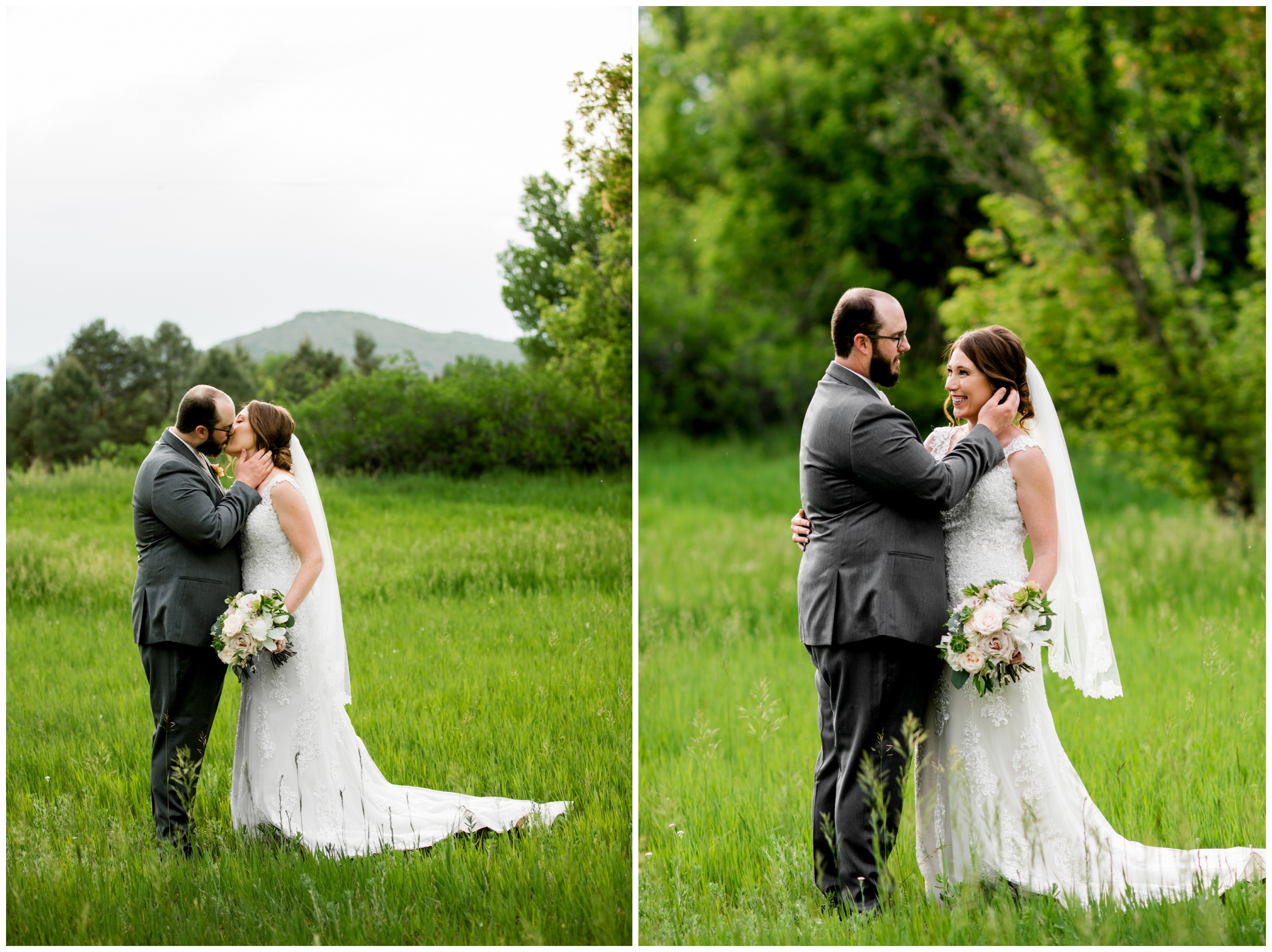 Chatfield Farms wedding photographs of bride and groom kissing in a field with mountains in background 