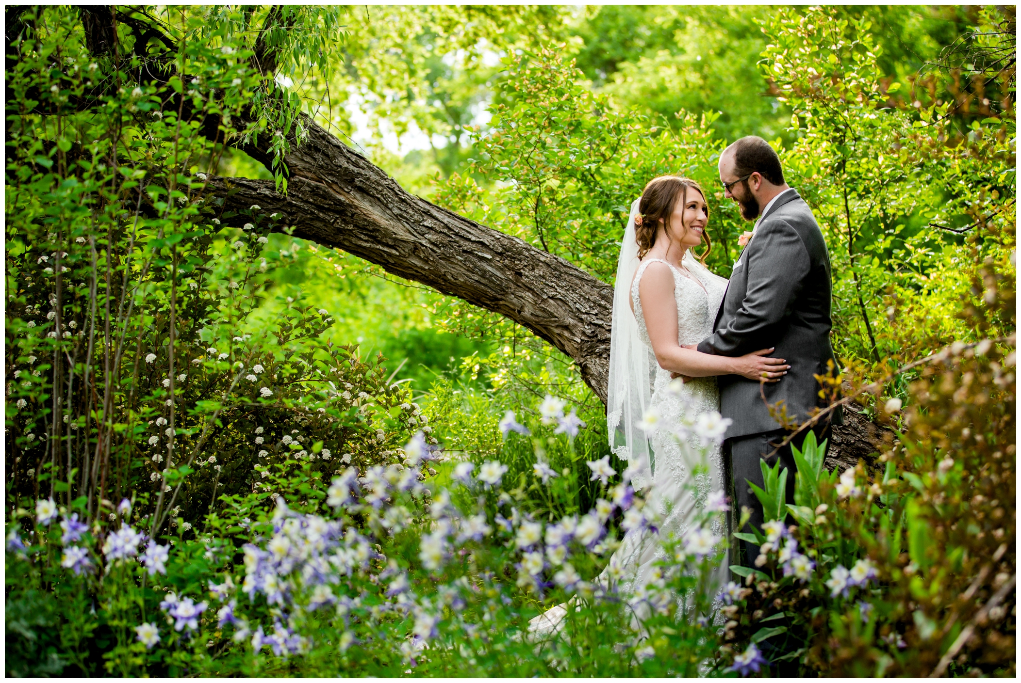 bride and groom standing in wildflowers during Chatfield Farms wedding photos