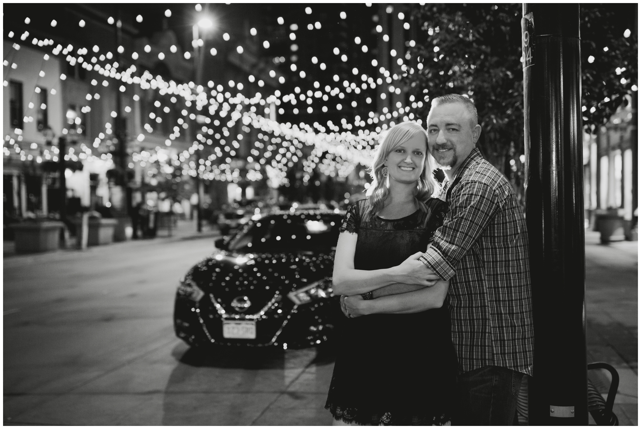 nighttime Denver engagement portraits on Larimer Square by Colorado wedding photographer Plum Pretty Photography