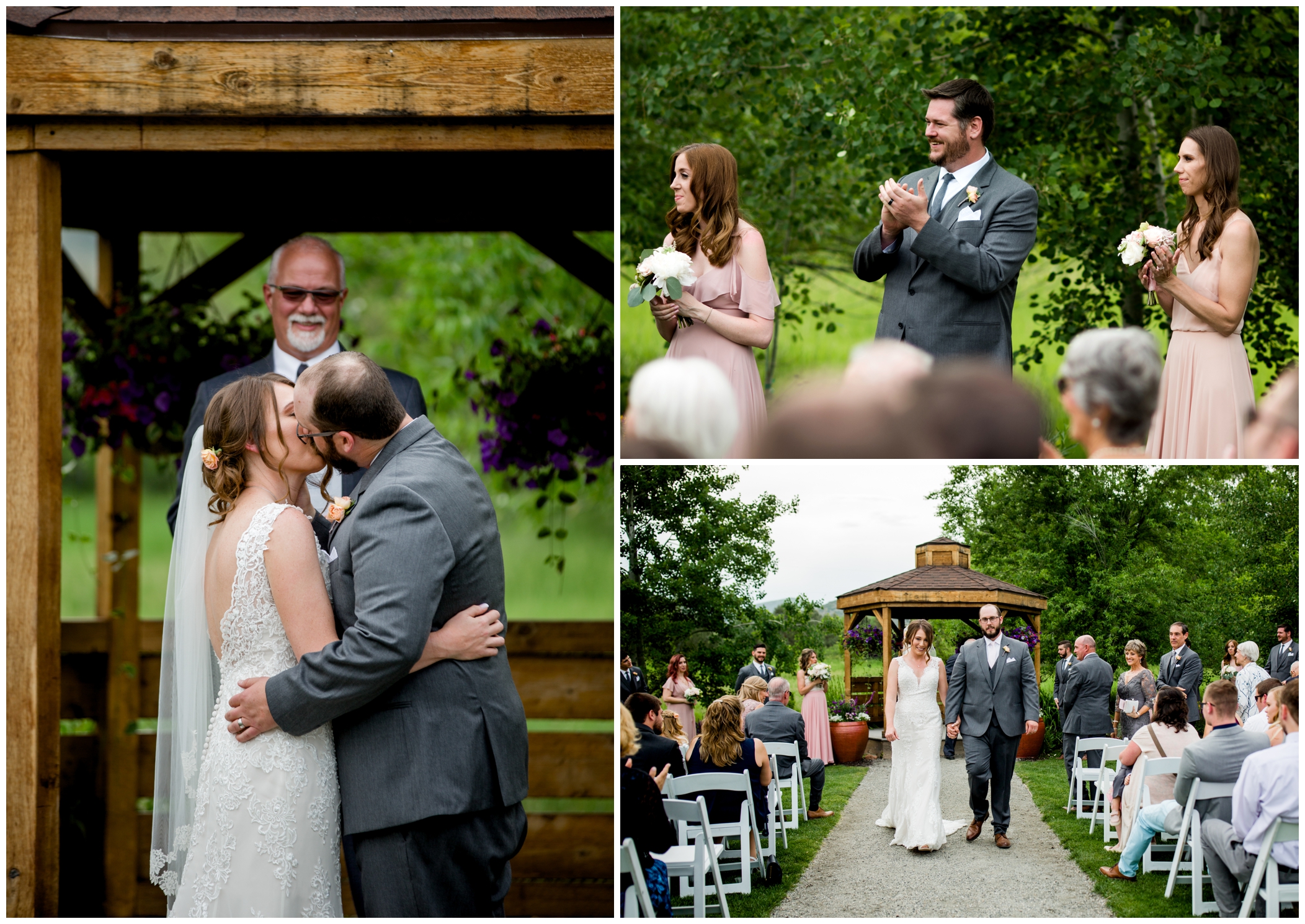 photo of bride and groom's first kiss at Chatfield Farms wedding ceremony 