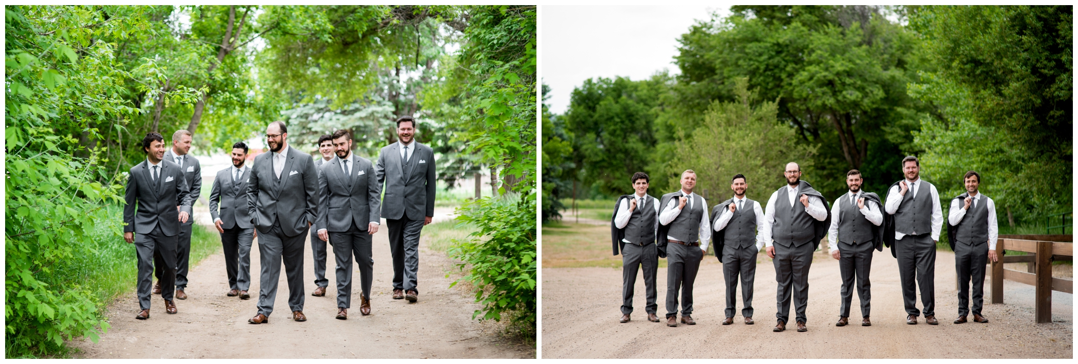 groomsmen holding jackets over shoulder at Denver Colorado outdoor wedding 