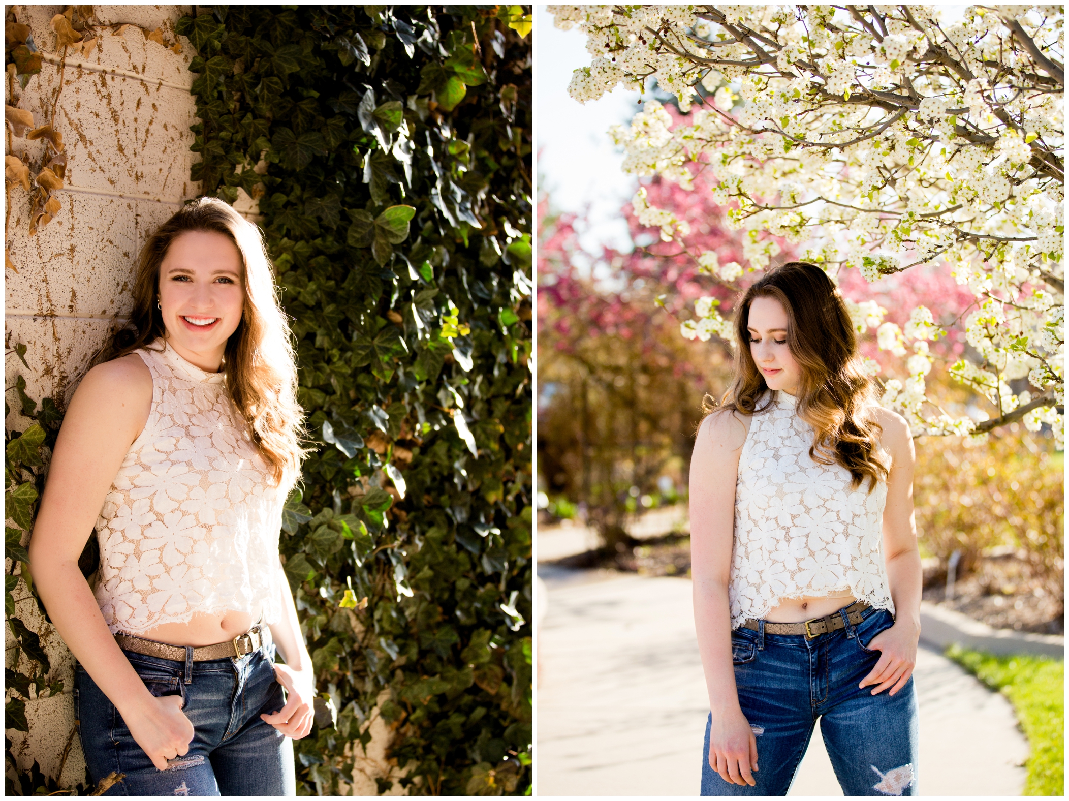 Longmont CO senior photography against an ivy wall 