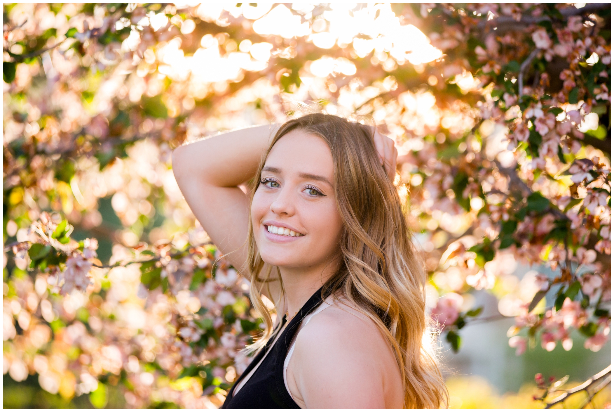 Longmont CO senior pictures with a cherry blossom tree 