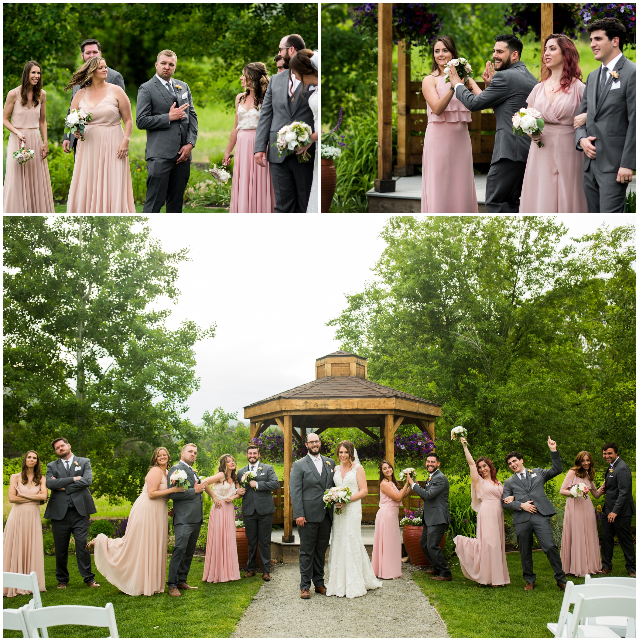 bridal party in pink and gray at Chatfield Farms wedding
