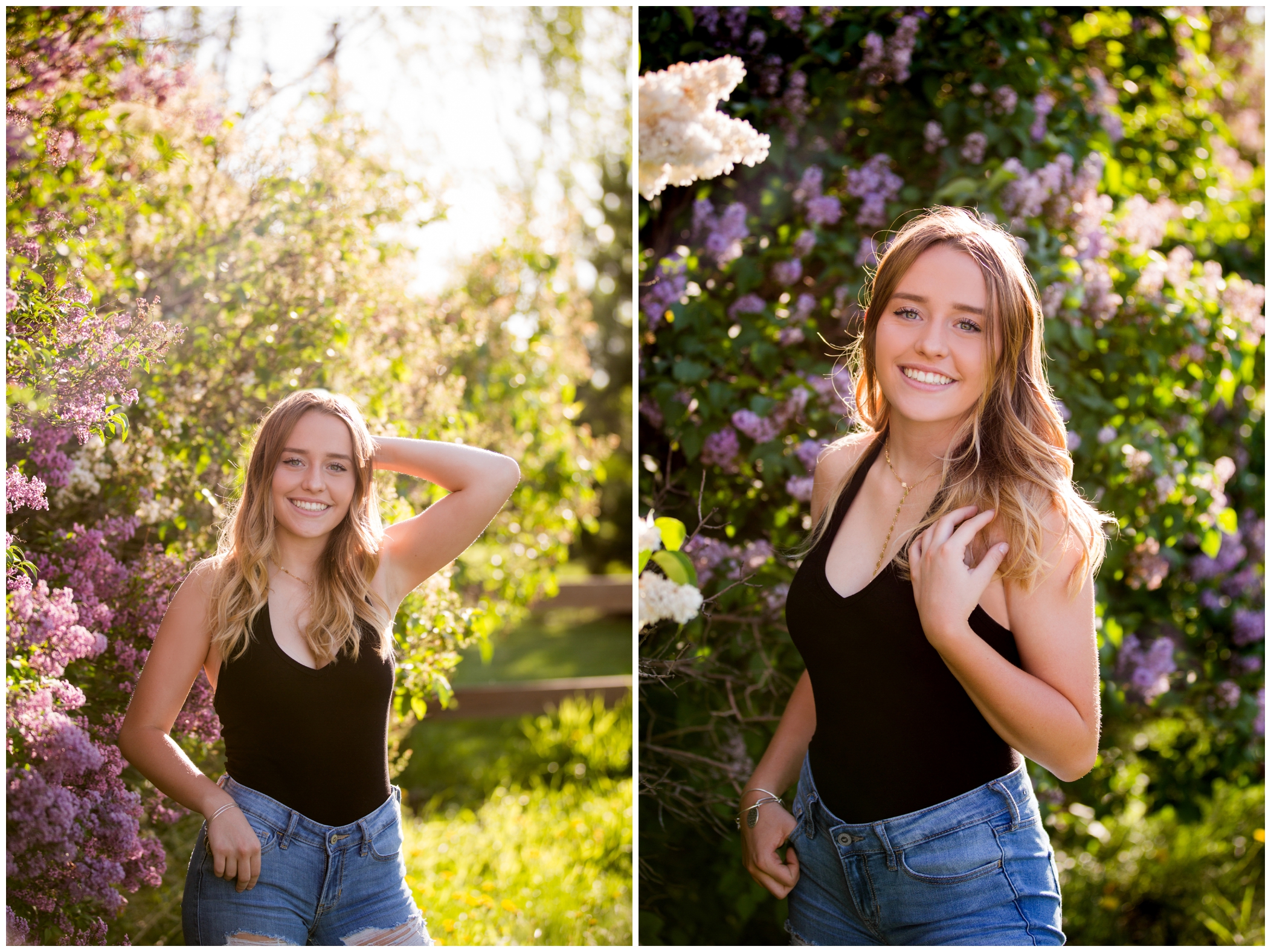 skyline high school senior pictures with colorful lilac bush in spring
