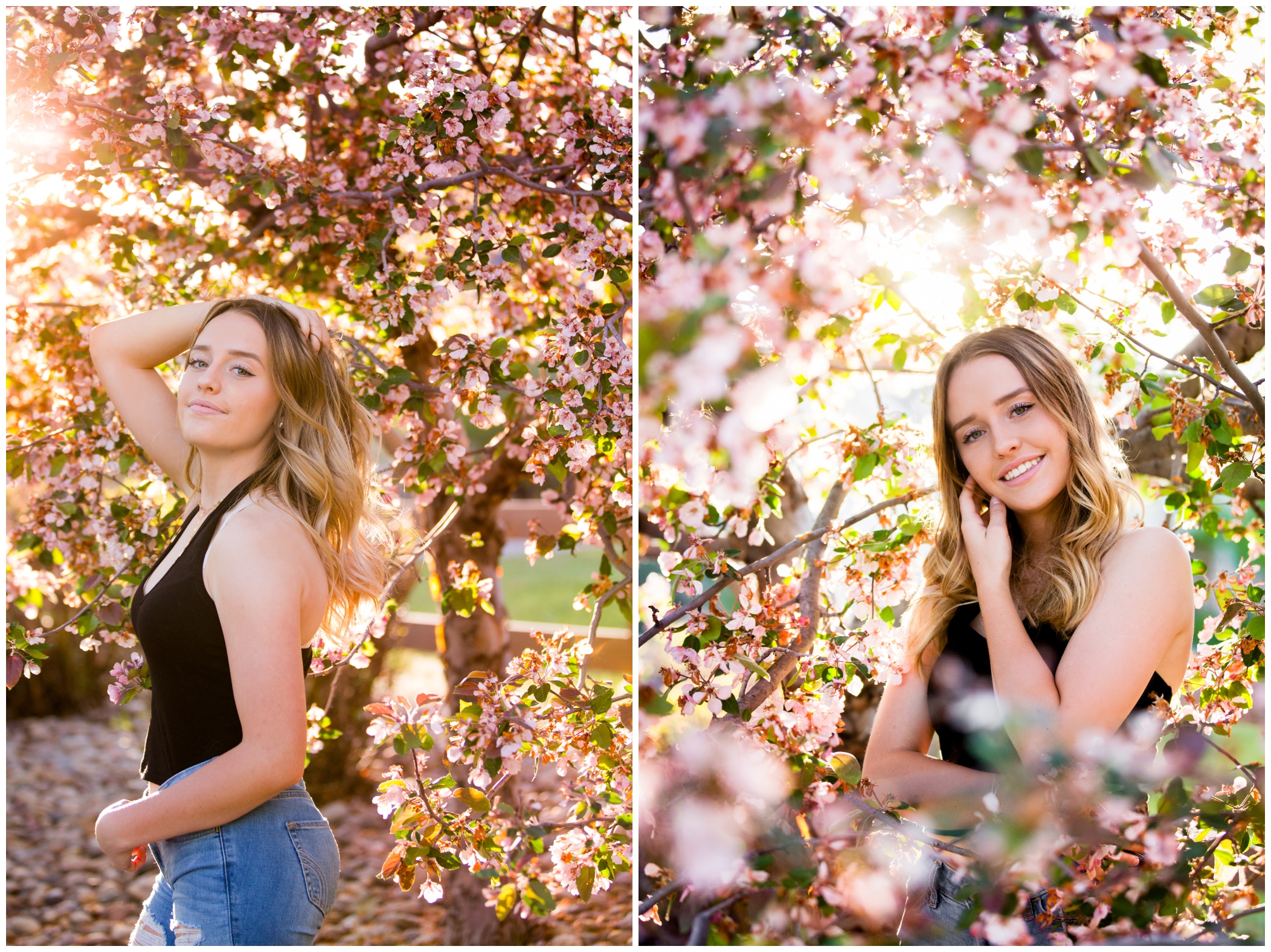 teen posing beneath a colorful blooming tree at Skyline High School senior portraits session