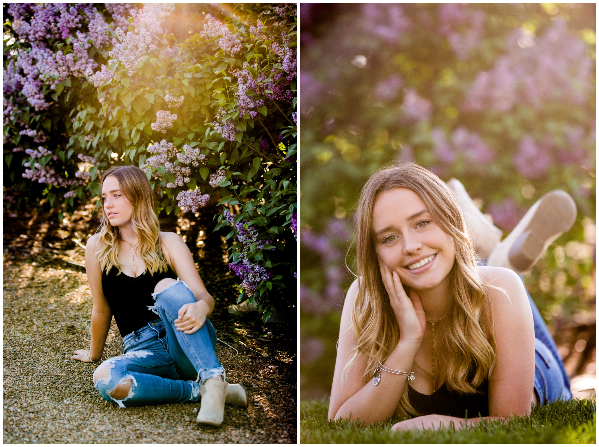 teen laying on grass with lilac bush in background at Skyline High senior pictures 