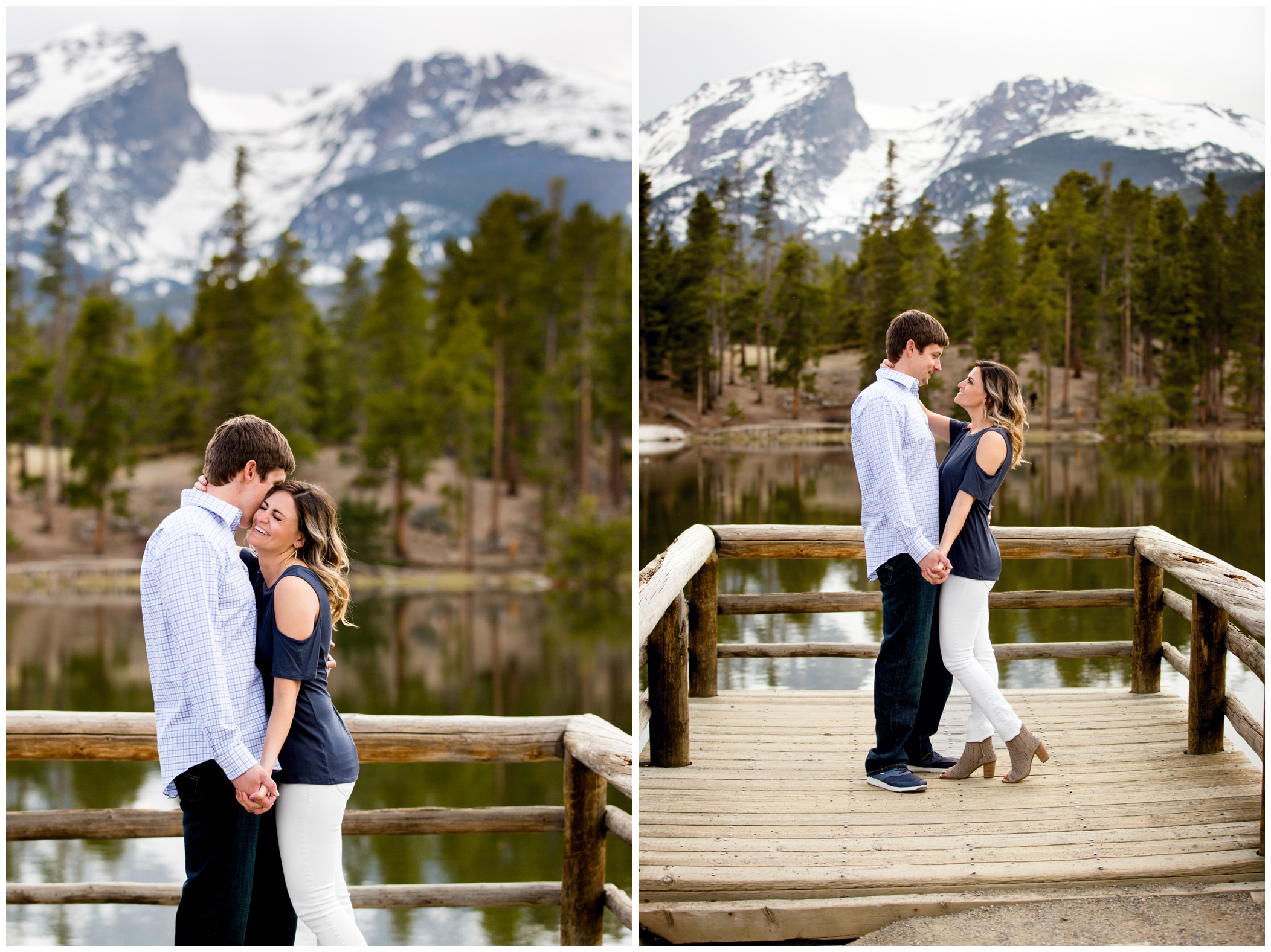 couple on dock during their Sprague Lake engagement photography session