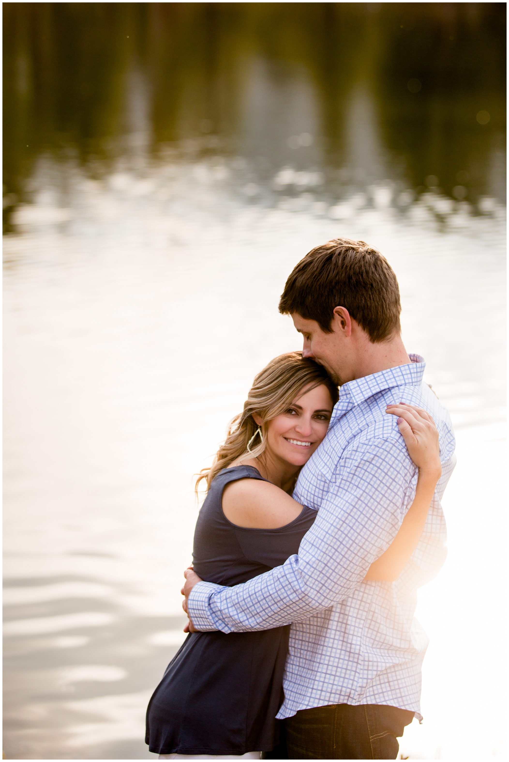couple hugging at their Sprague Lake engagement photos 