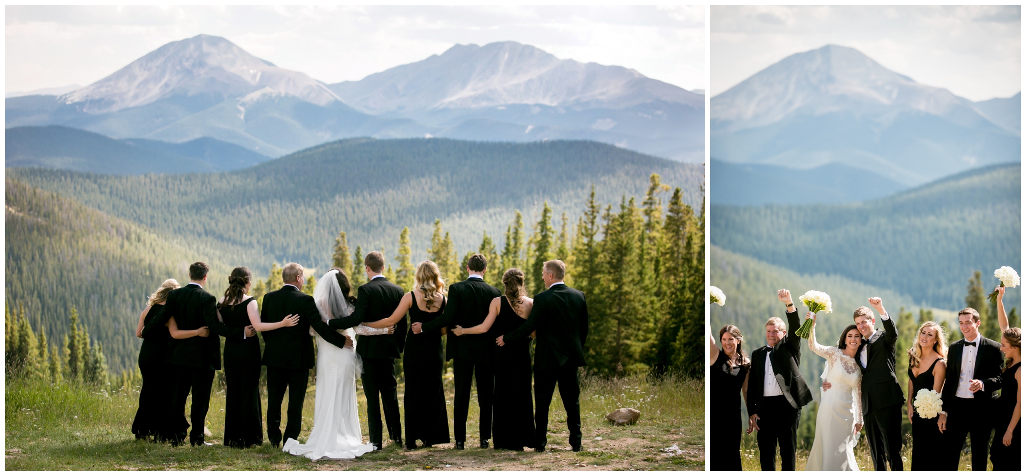 bridal party in black and white with mountains in background at Keystone Colorado wedding