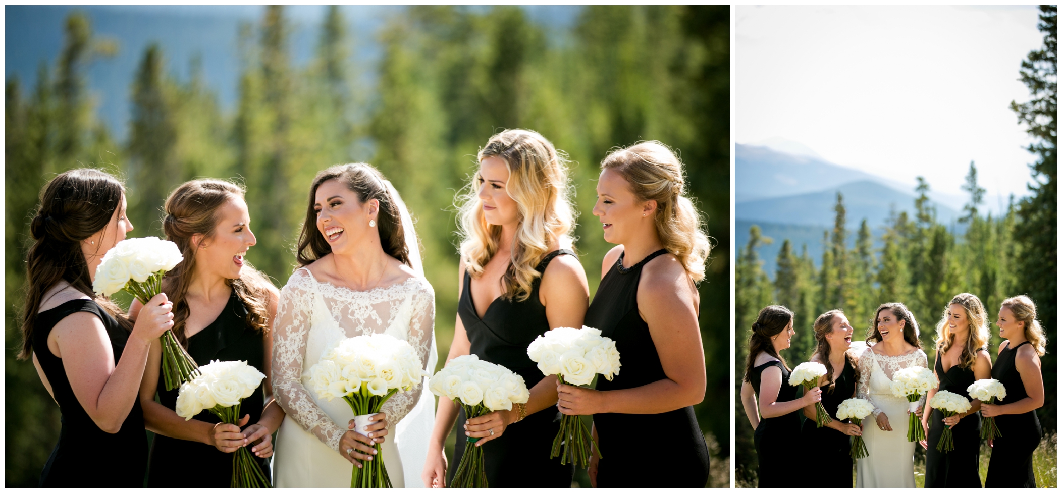bridesmaids in black and white at Colorado ski resort wedding
