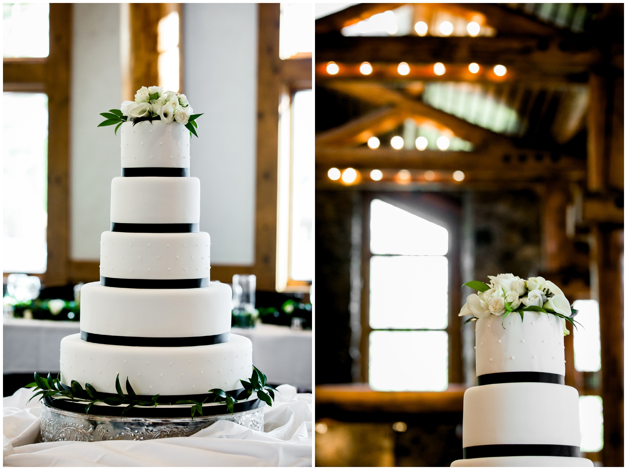 five tier white wedding cake at Colorado black tie wedding in Keystone 