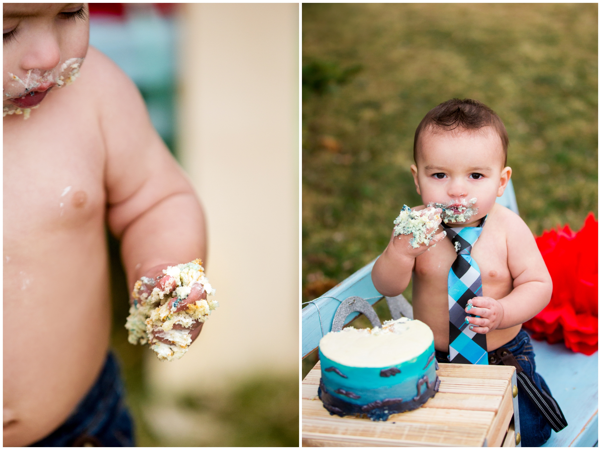 shirtless baby boy in a tie during fort collins colorado cake smash photos