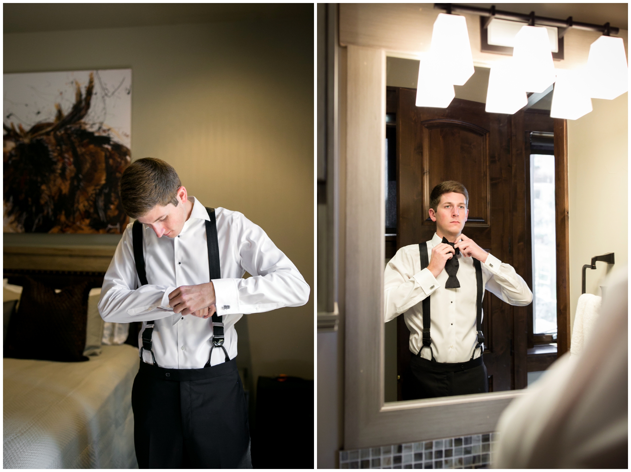groom looking in the mirror getting ready for Keystone wedding 