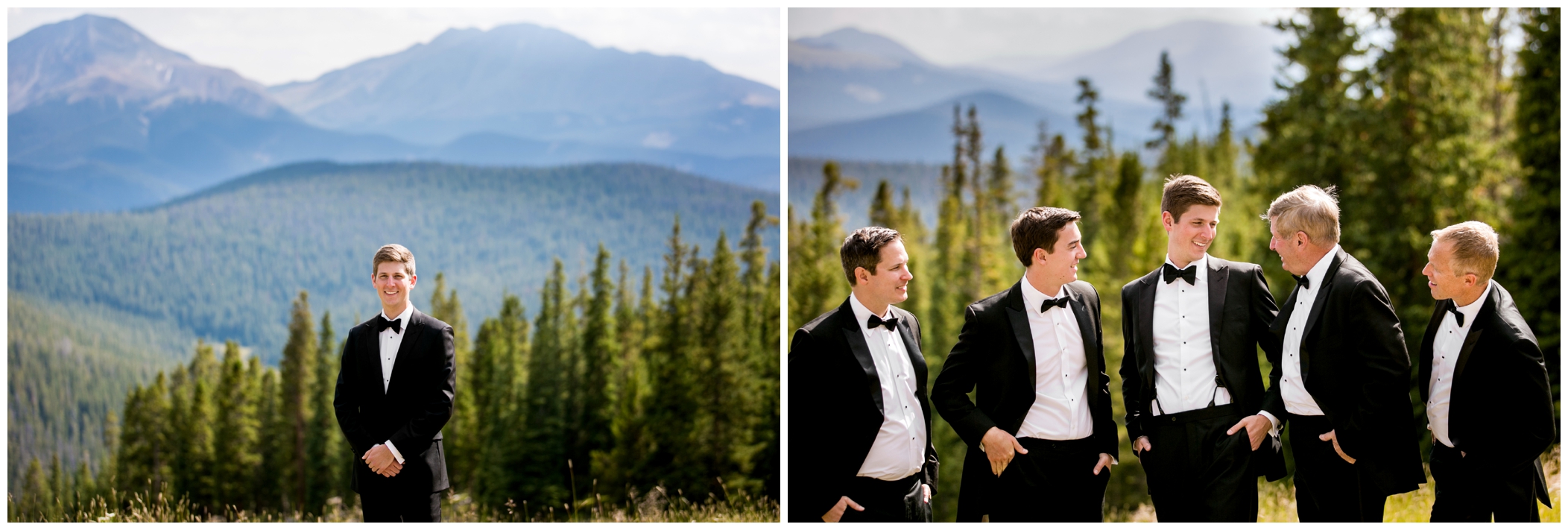 groom with mountain background at Keystone Colorado black tie wedding 